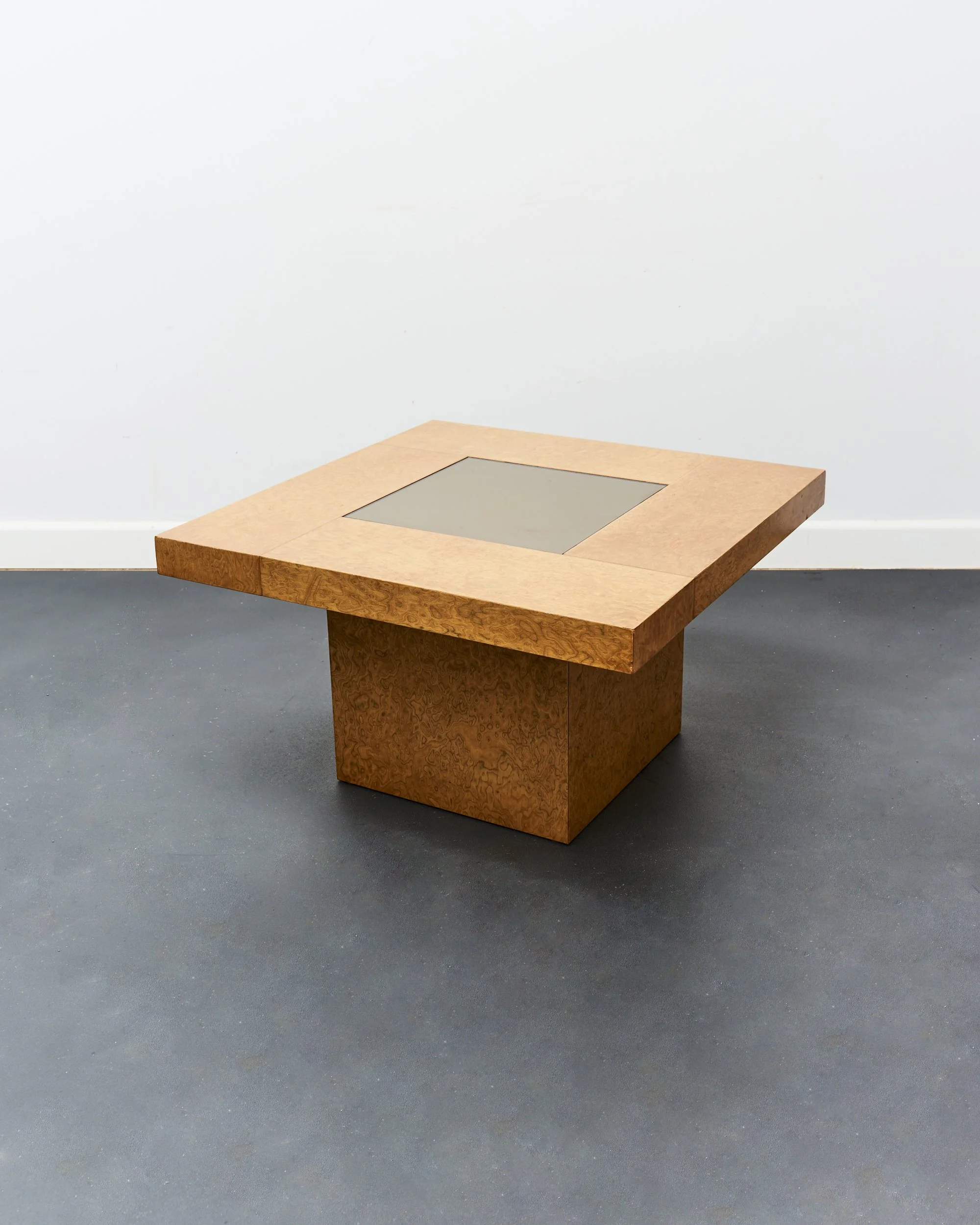 Rare G-Plan Burr Elm Veneer Mirrored Plinth Square Coffee / Side 'Island Table' c.1970