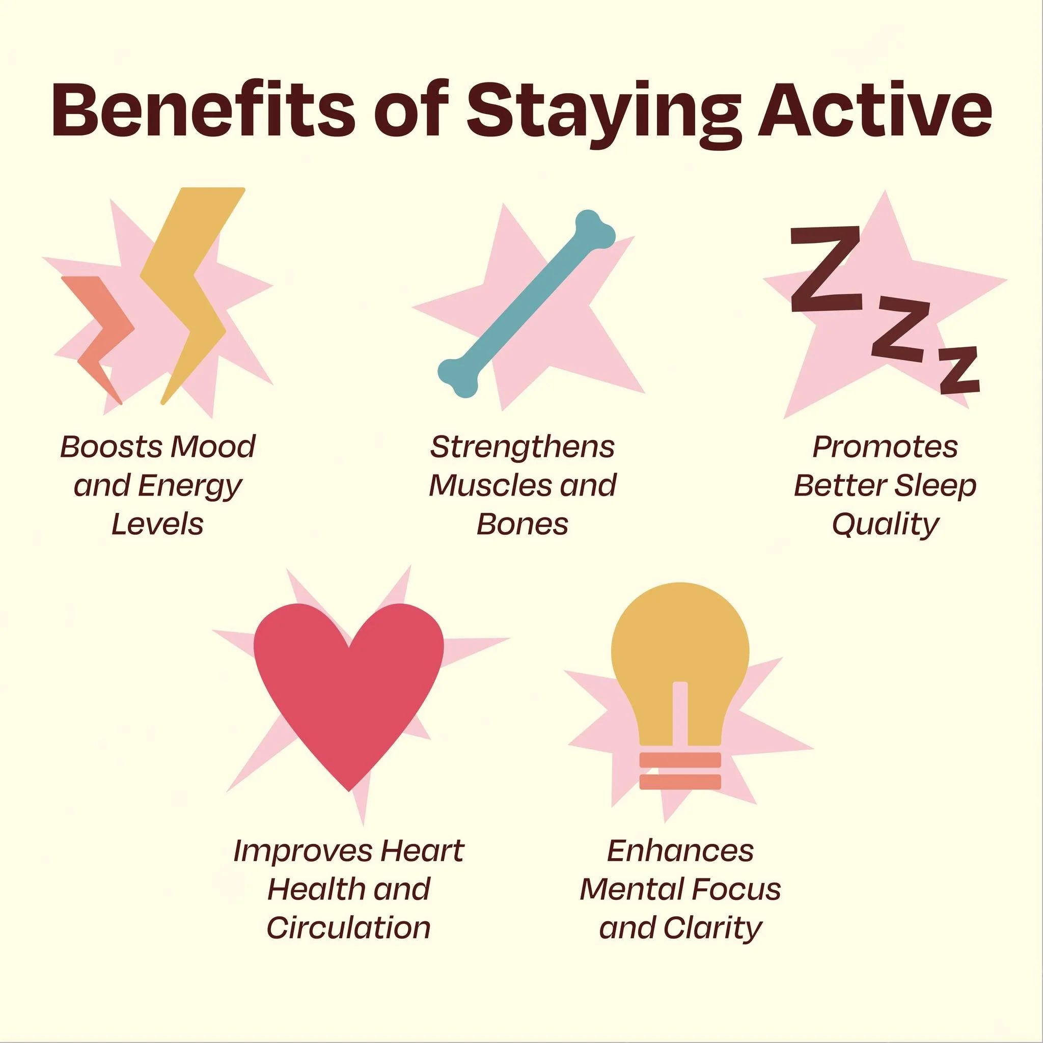 Physical activity is essential for your overall well-being. Whether it's a walk between classes, a quick workout at the gym, or a dance session in your dorm room, staying active helps reduce stress, improve focus, and enhance your mood. Don't forget 