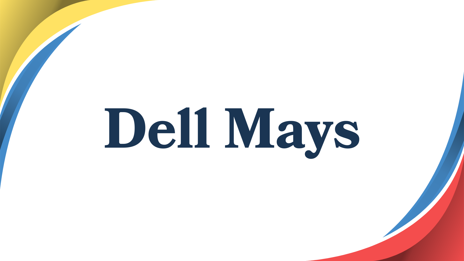 Text reading 'Dell Mays' on a background with curved colorful design elements in yellow, blue, and red.