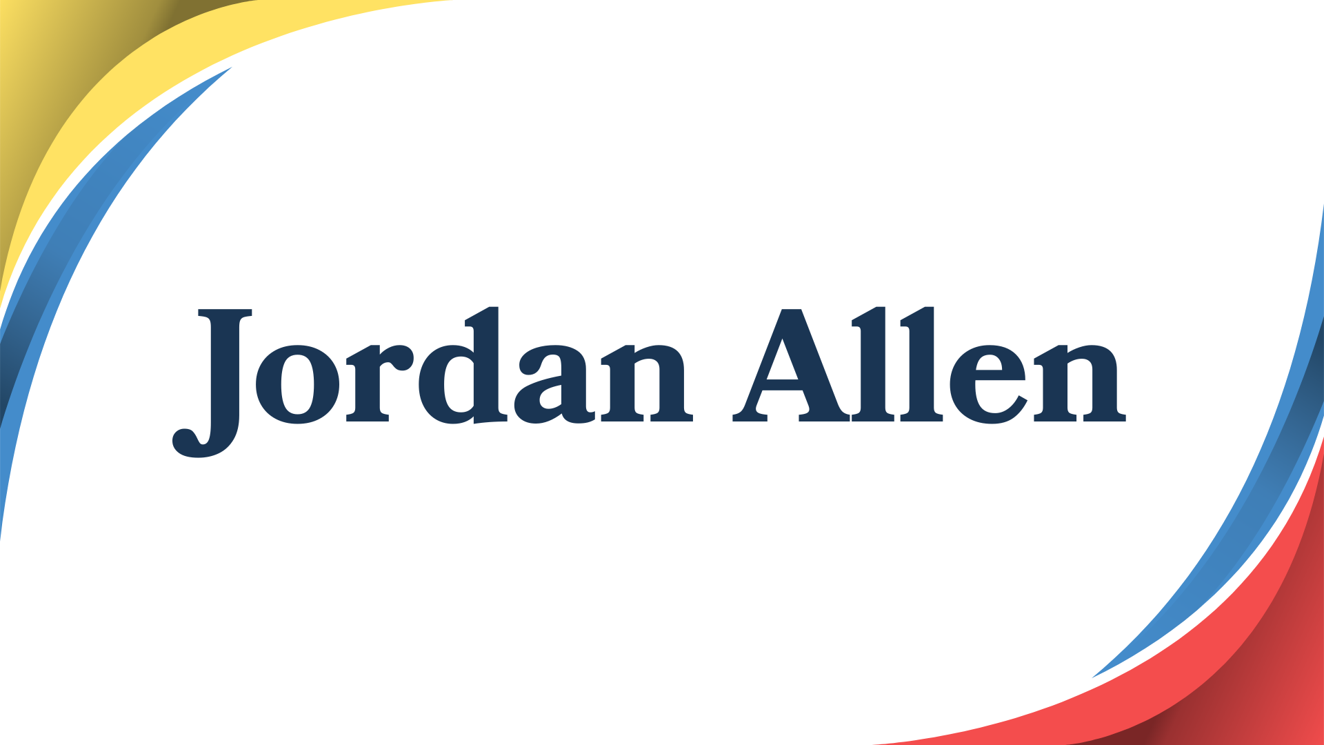 Name tag with the name Jordan Allen on a colorful background with red, blue, yellow, and white curved design elements.