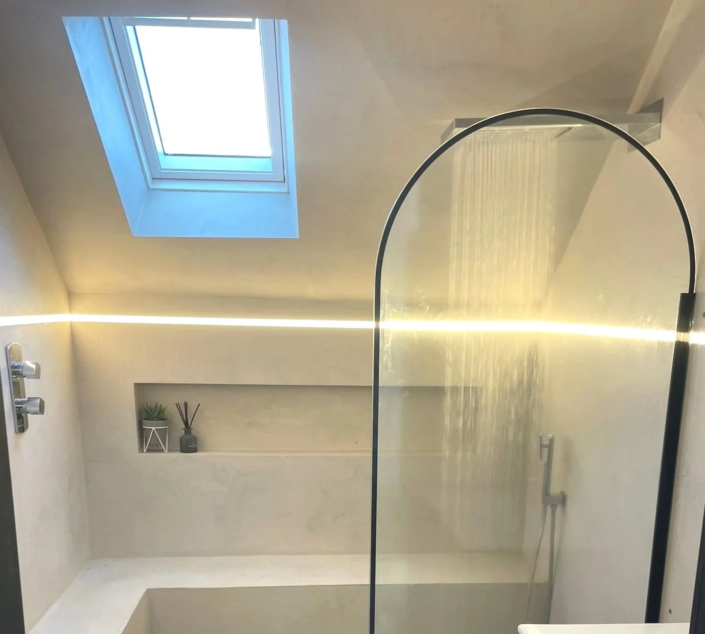 Modern bathroom with a skylight, walk-in shower with a glass door, and minimal decor including small plants in a built-in shelf.