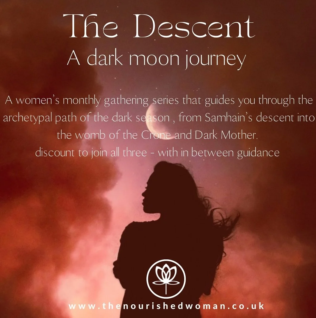 𝔗𝔥𝔢 𝔇𝔢𝔰𝔠𝔢𝔫𝔱 ~ 𝔞 𝔇𝔞𝔯𝔨 𝔪𝔬𝔬𝔫 𝔧𝔬𝔲𝔯𝔫𝔢𝔶

Join one or all ( discounted ) ~  themed to support each other.  Three months - three in person gatherings moving with the dark moon and archetype. 
🍁October 21st - Samhain
💀Ancestral Doo