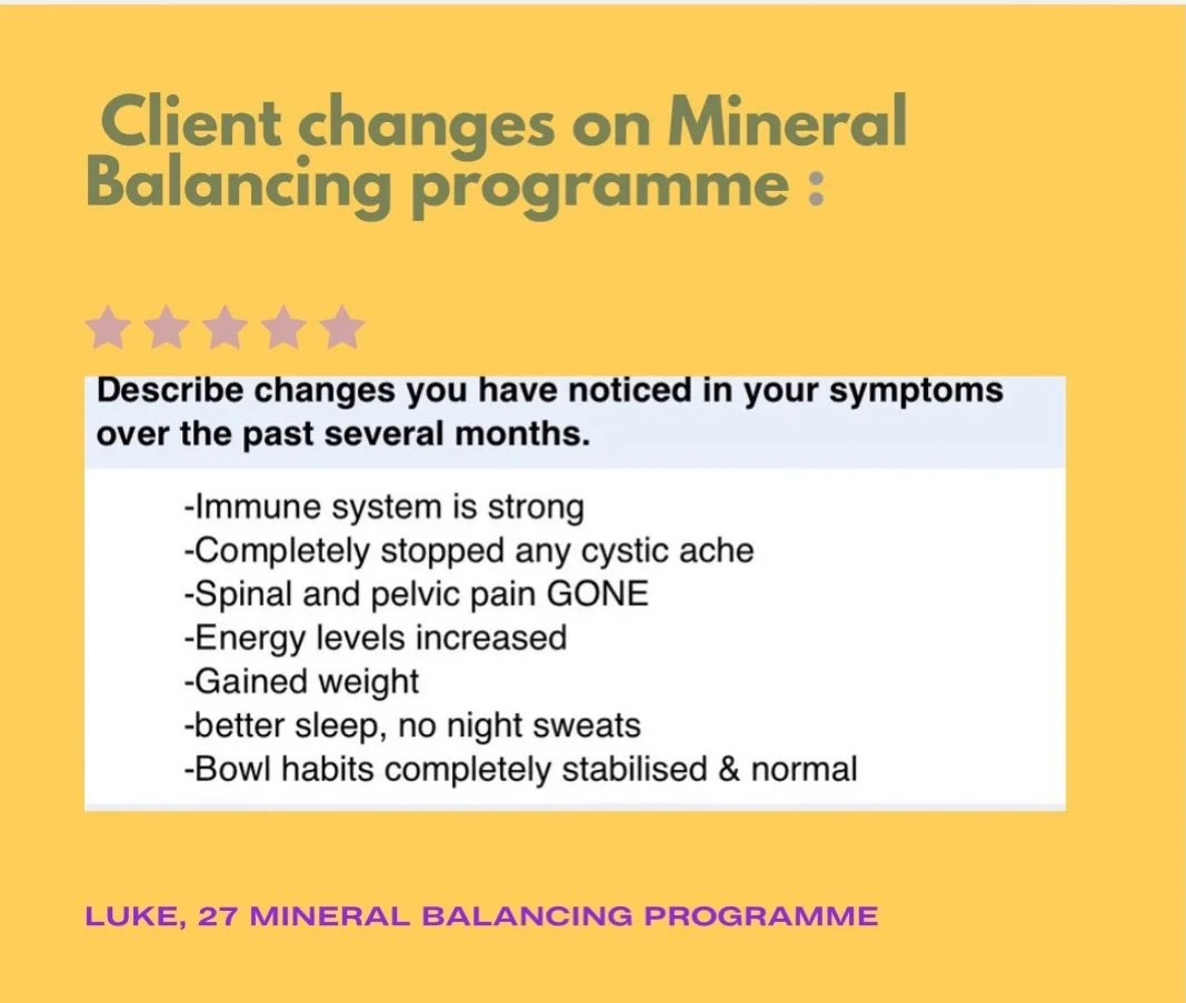 M I N E R A L  B A L A N C I N G 

Changes like this are not to be taken lightly . This amazing person came to me desperate to make changes. 
He was already working on his mind as he&rsquo;s a hypnotherapist / NLP coach - so in some respects , we gel