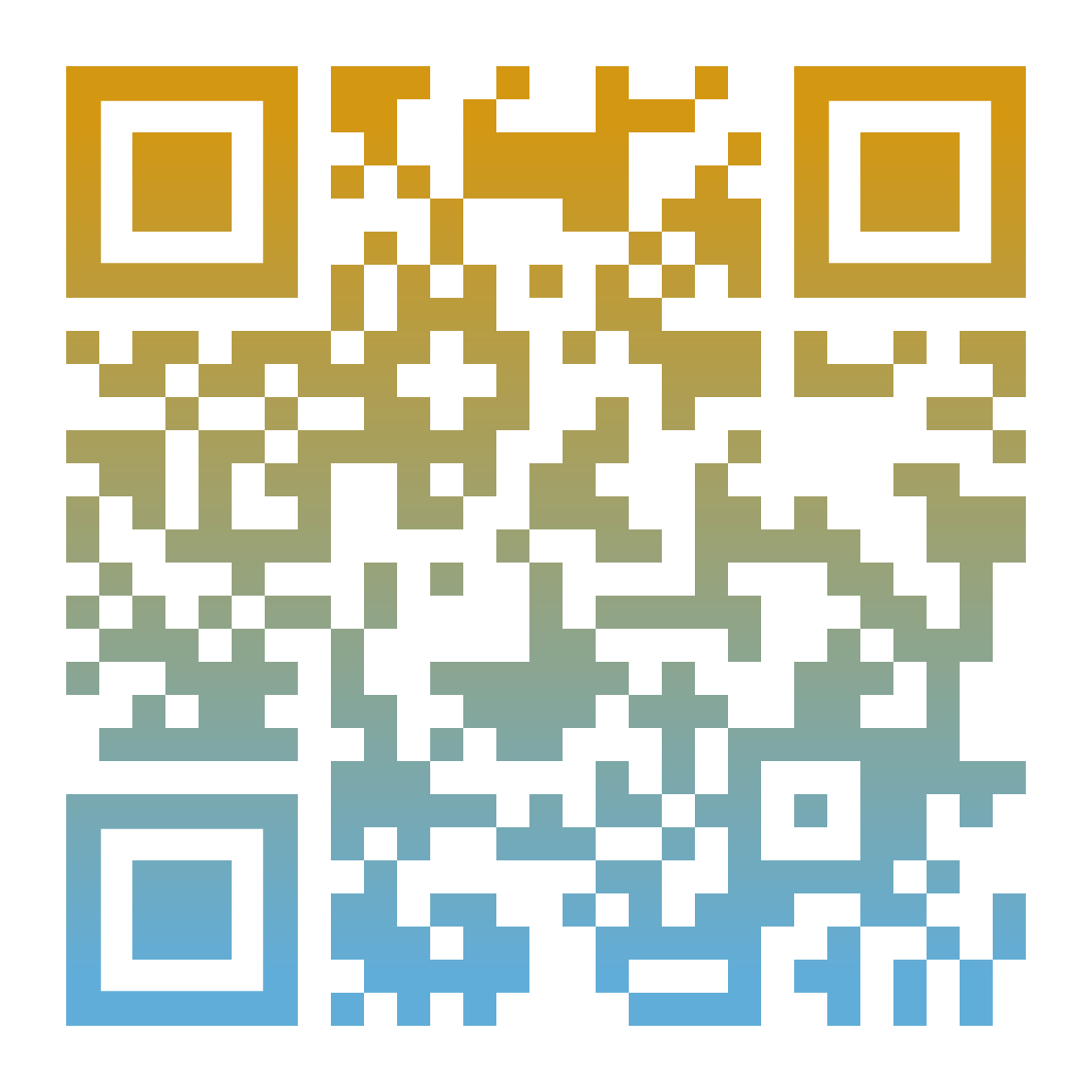 Colorful QR code with gradient of gold, green, and blue colors.