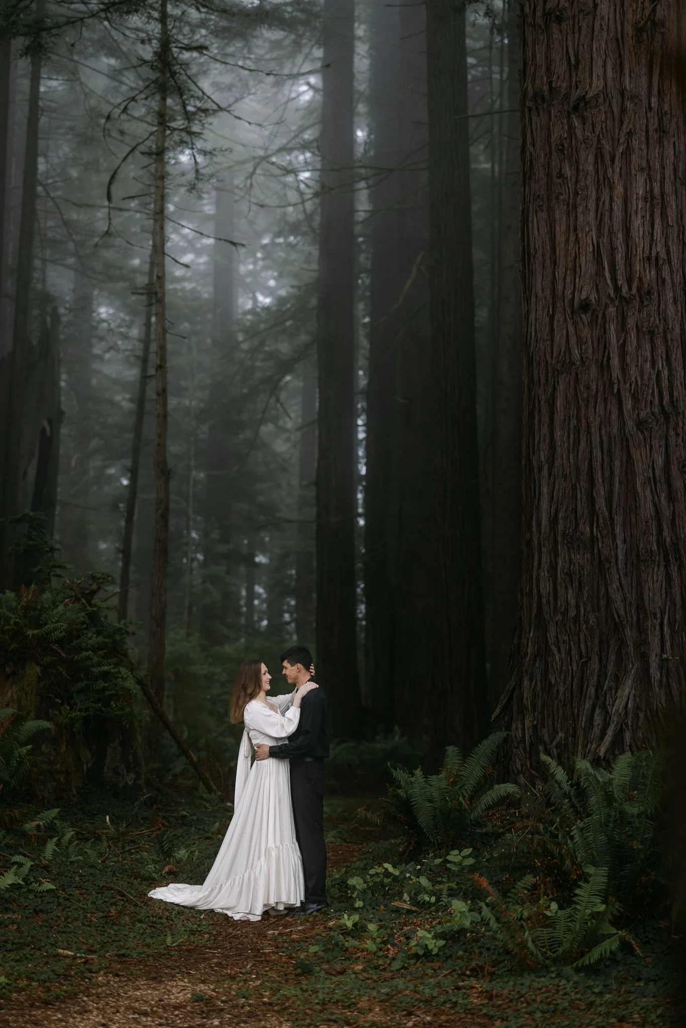  elopement couple in the redwood forest at ridgewood events and venue in arcata.  The fog comes rolling in and gives such an elegant whimsical glow the trees are towering her dress is white and stunning he wears a black nice shirt and pants. they emb
