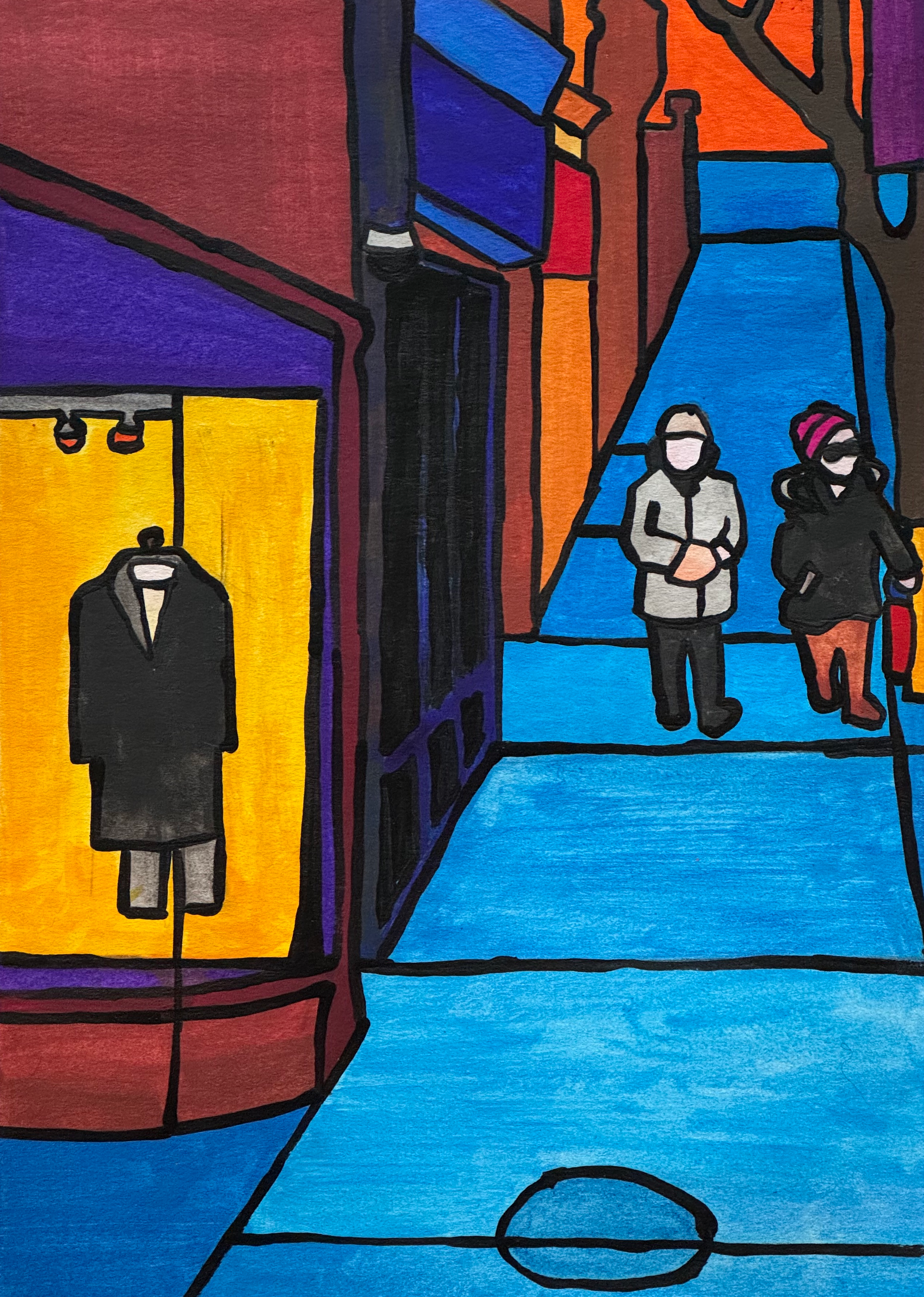 Dundas West, January, watercolour and acrylic on paper, 7" x 10", 2025.