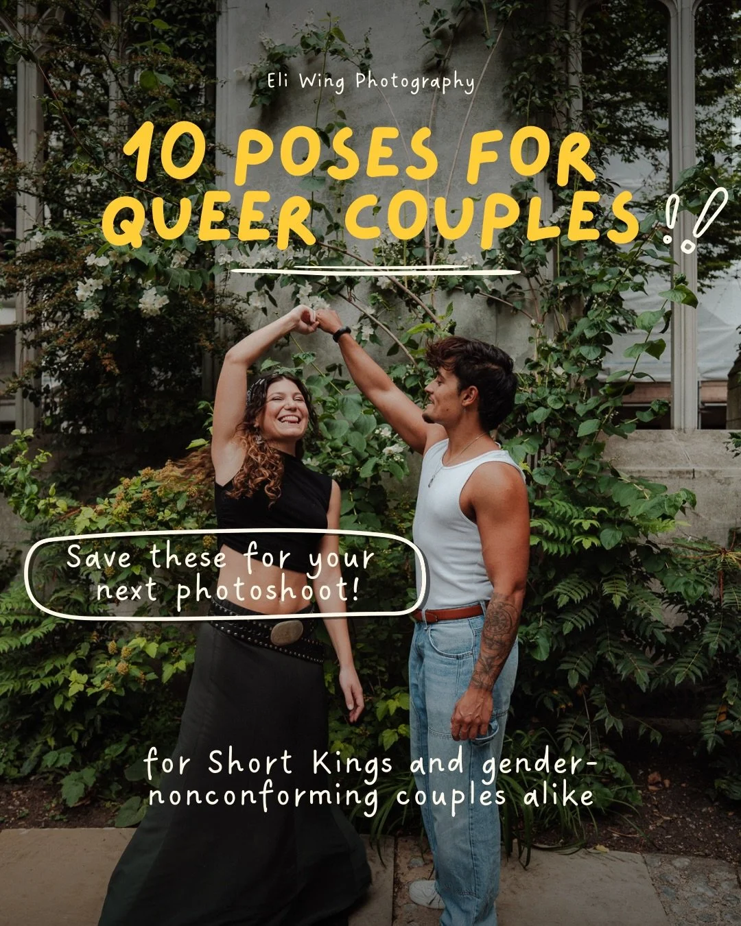 10 Poses for queer couples! 
For the short kings and gender-nonconforming couples alike. 

When you search couple poses on Pinterest or here all that ever comes up is straight couples and the classic &lsquo;tall man, shorter woman&rsquo; 
I want quee