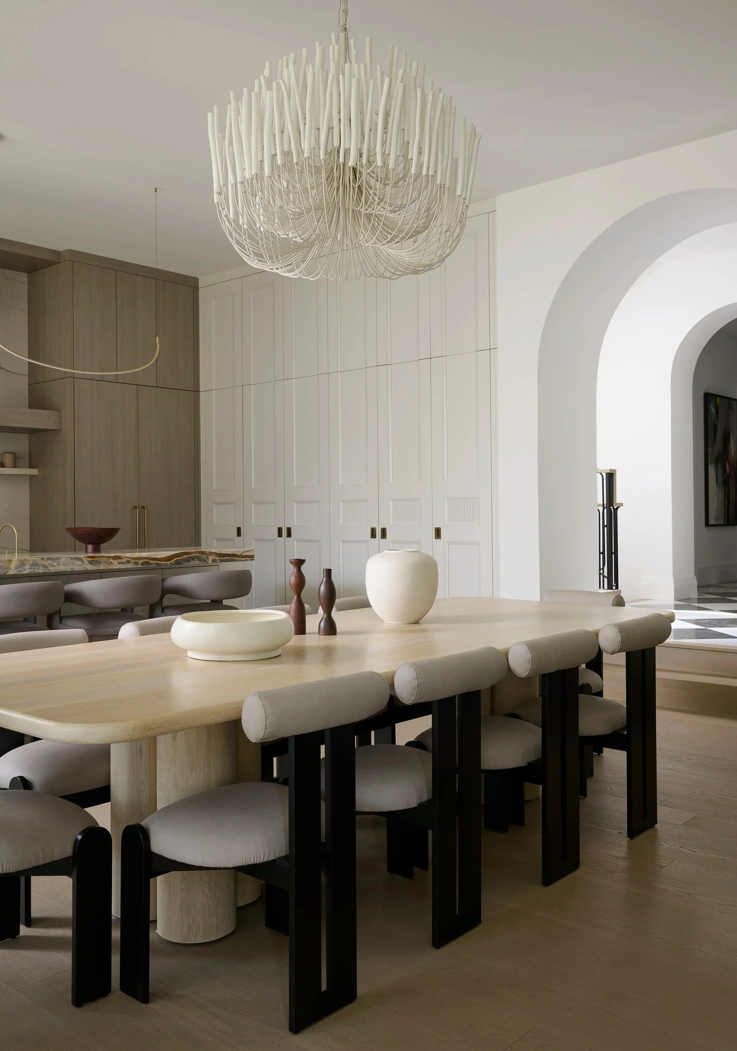 dining room + sculptural chandelier + custom millwork + armour heights north york
