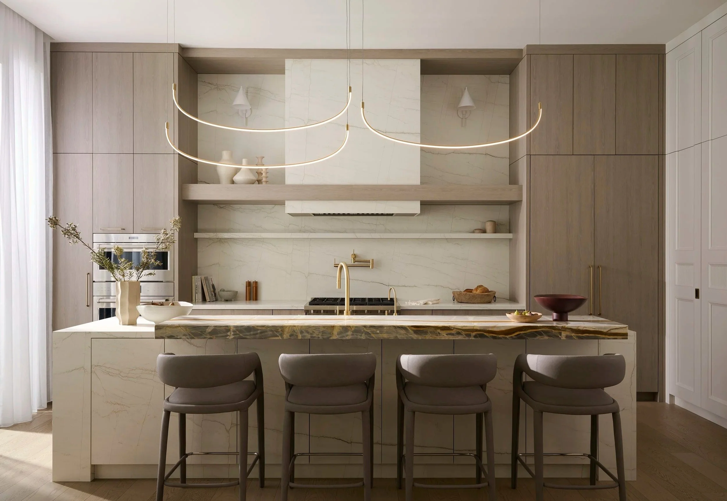 kitchen + white oak cabinetry + marble island + brass pendant + armour heights north york