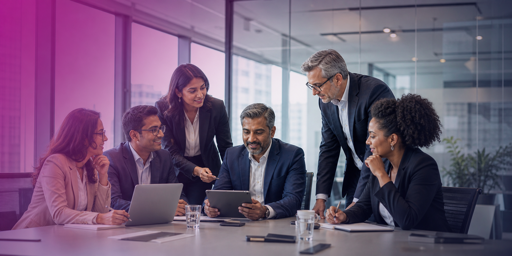 Six professionals in business attire gathered around a table in a modern office, looking at a tablet and discussing.