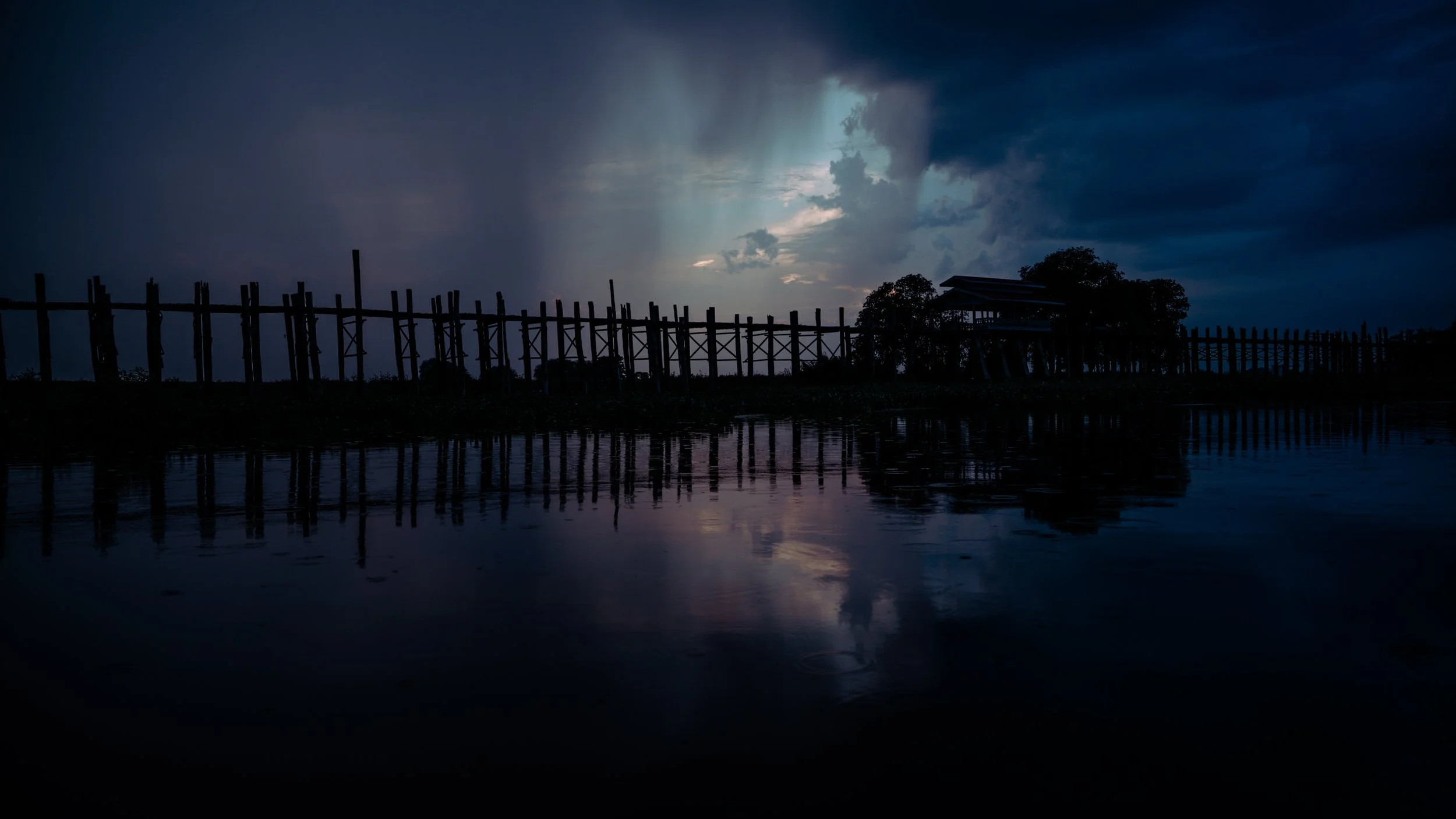 U Bein Bridge during a thunderstorm. Myanmar (Burma)