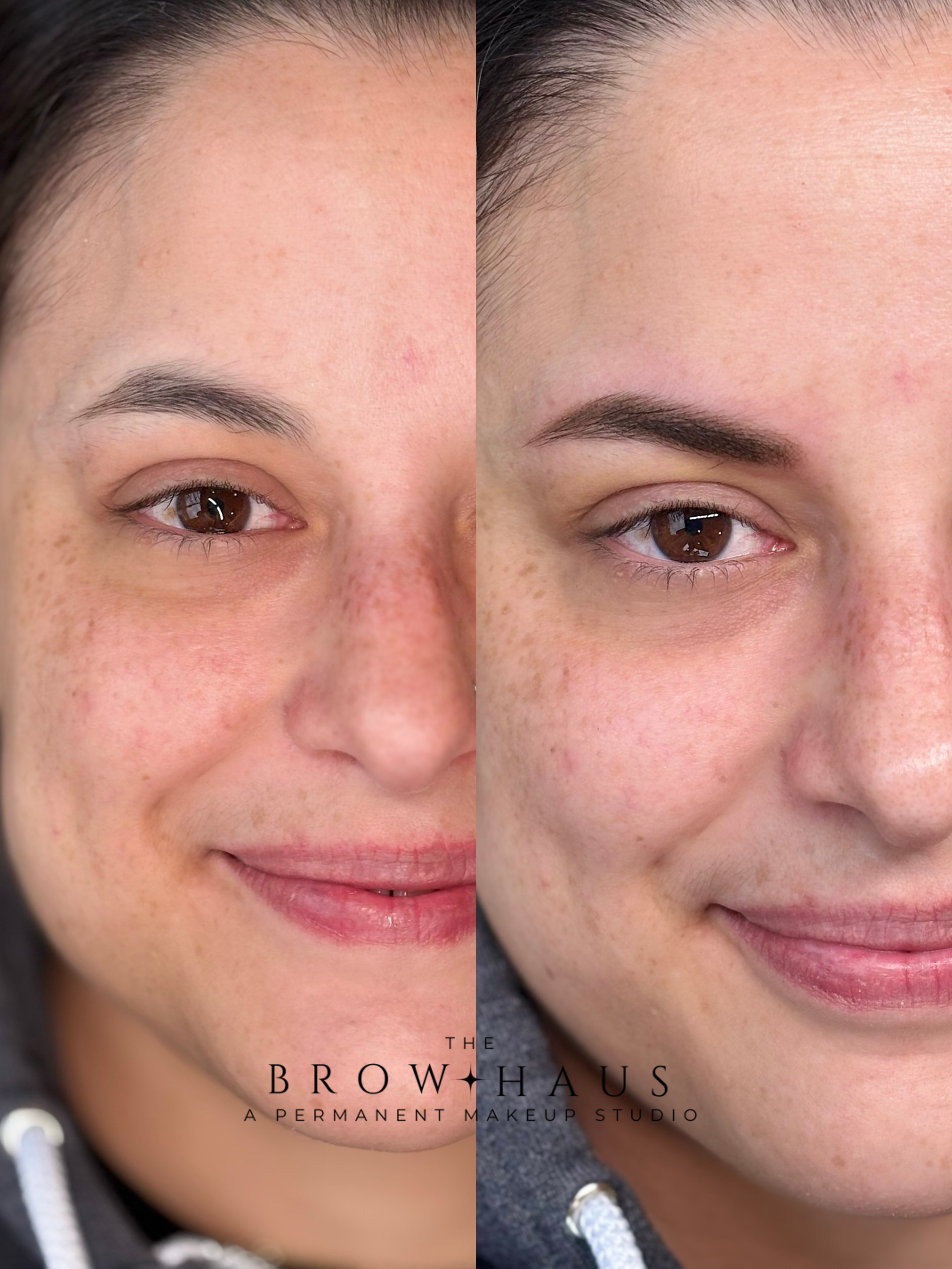 close up of half of a young women's face before and after powder brows in dark brown shade with dark brown eyes