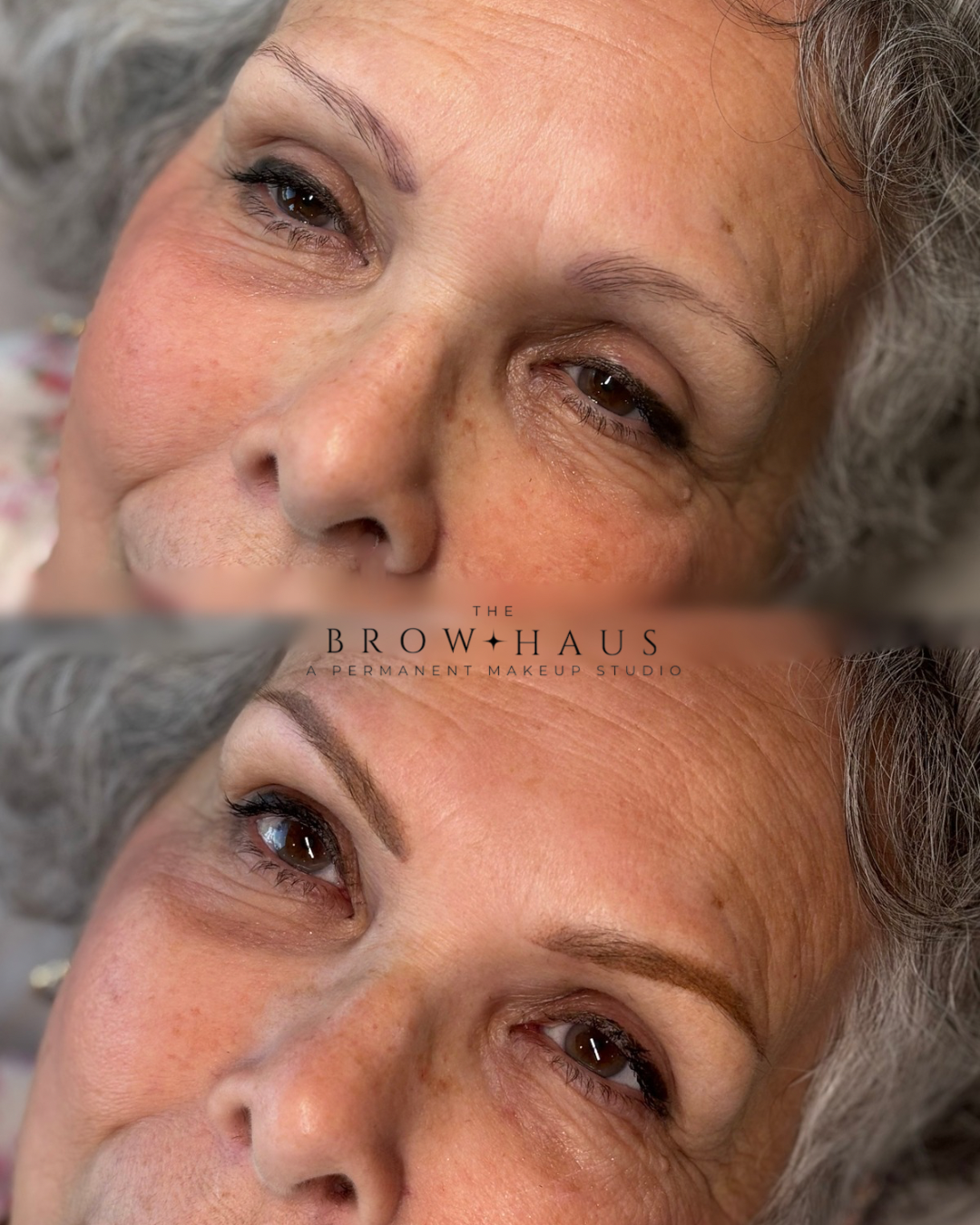 before and after image of woman with gray hair and brown eyes before powder brow cover up and after