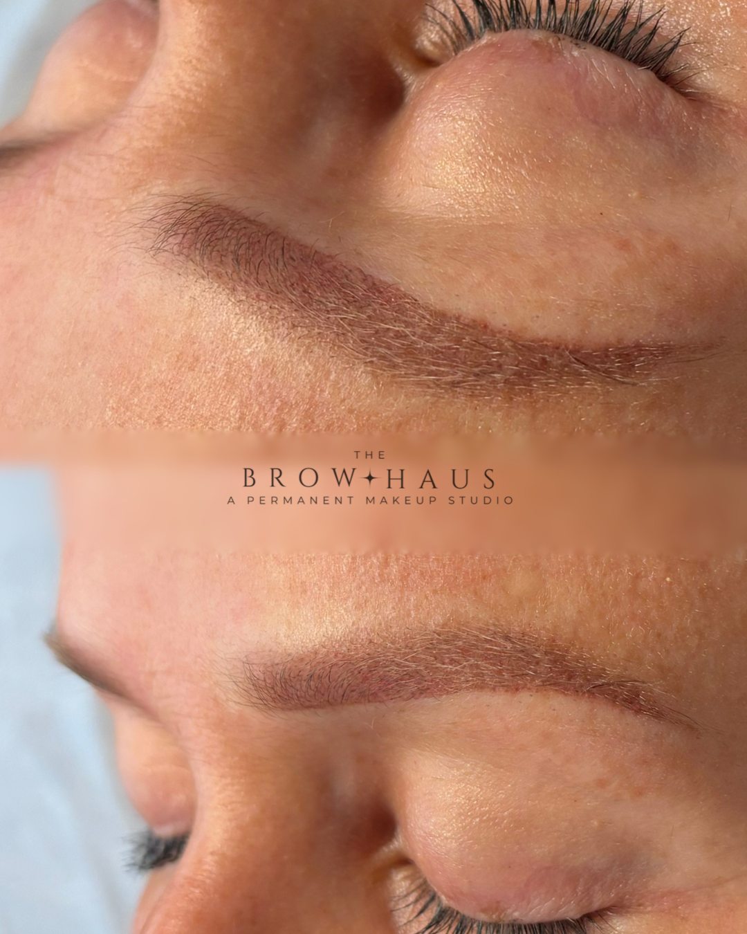 after photo of woman's eyebrow, close up of soft blonde powder tattooed eyebrows