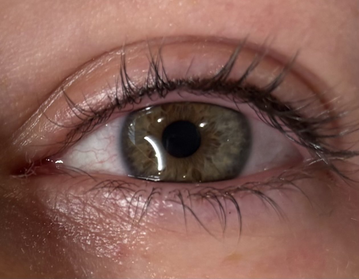 close up image of a woman with green, multicolored eyes and subtle black eyeliner tattoo.