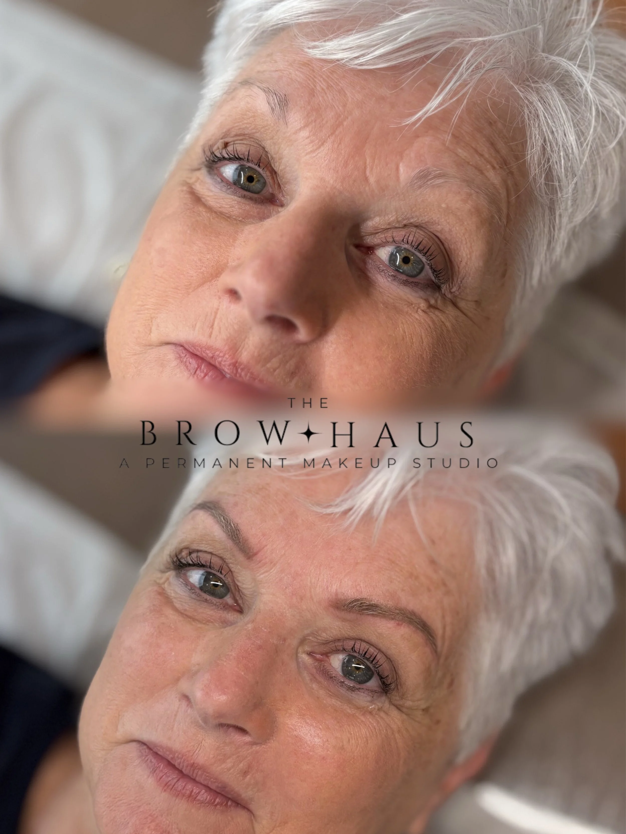 before and after picture of a older woman with white hair before and after soft powder brows
