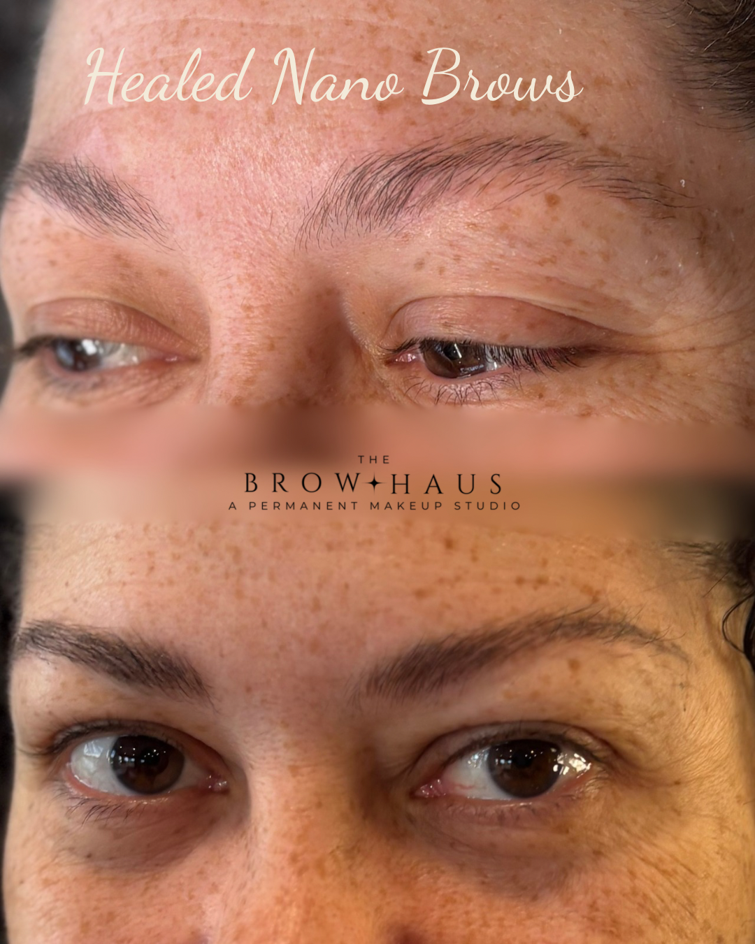 image of black women close up on her eyebrow showing her before nano tattoo brows and after nano tattoo brows