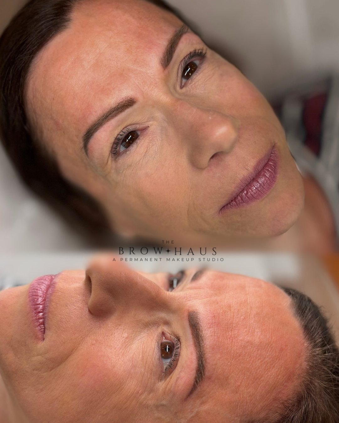 after of attractive middle aged women with dark hair and b=dark brows after a powder brow cover up on previous work