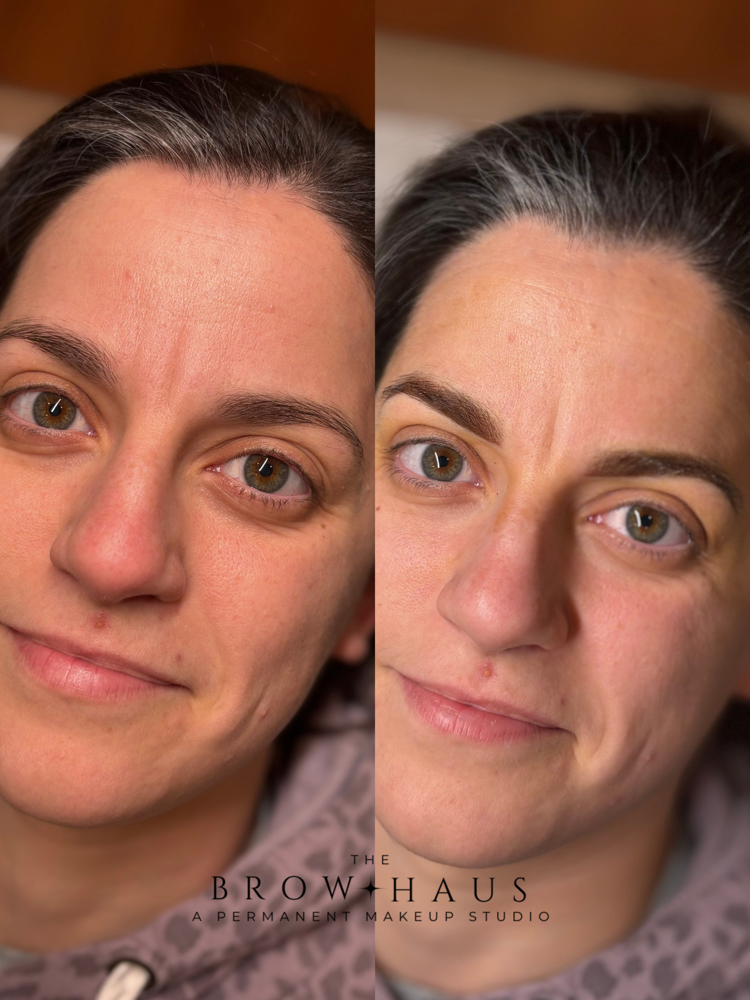 before and after of a woman's face after powder brows dark eyes with dark brows