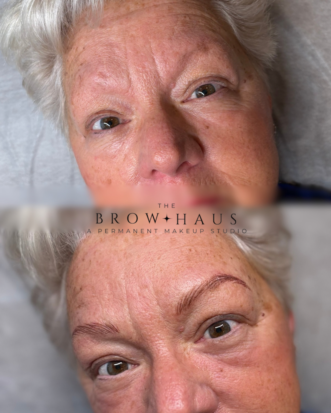 image of before and after photo of women before nano brows and after nano brows white shirt hair and light brown brows