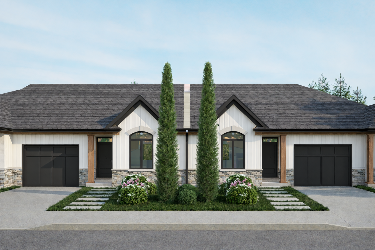 Symmetrical bungalows with cypress trees.png