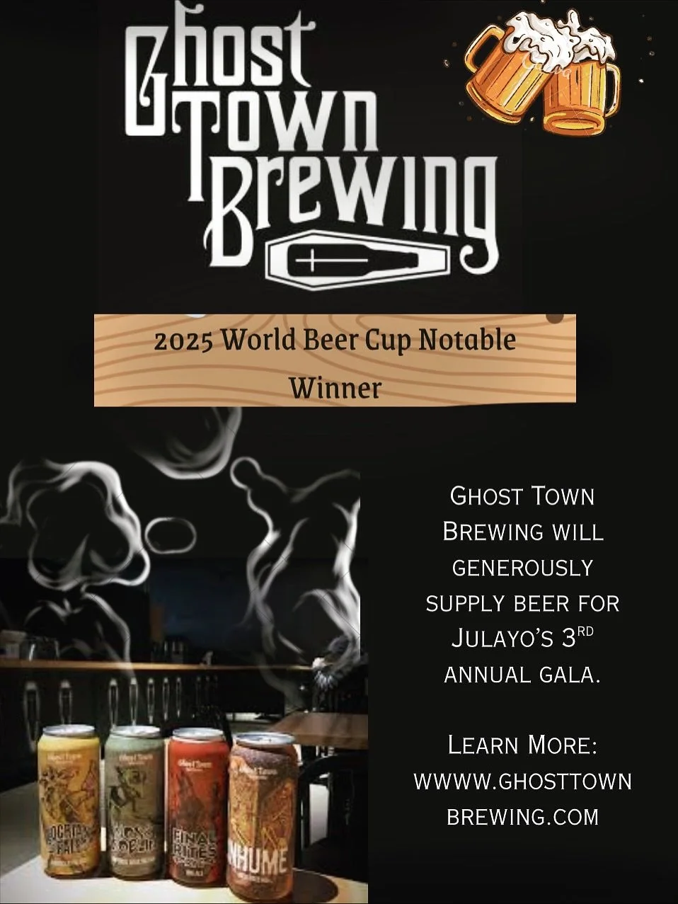 Award winning brewery @ghosttownbrewing will be supplying beer for JULAYO&rsquo;S 3rd Annual Gala! 

Save the Date: Nov 9th, 2025

We are grateful for their generosity and excited for this event! 

Scan the QR code on the last page or see link in bio