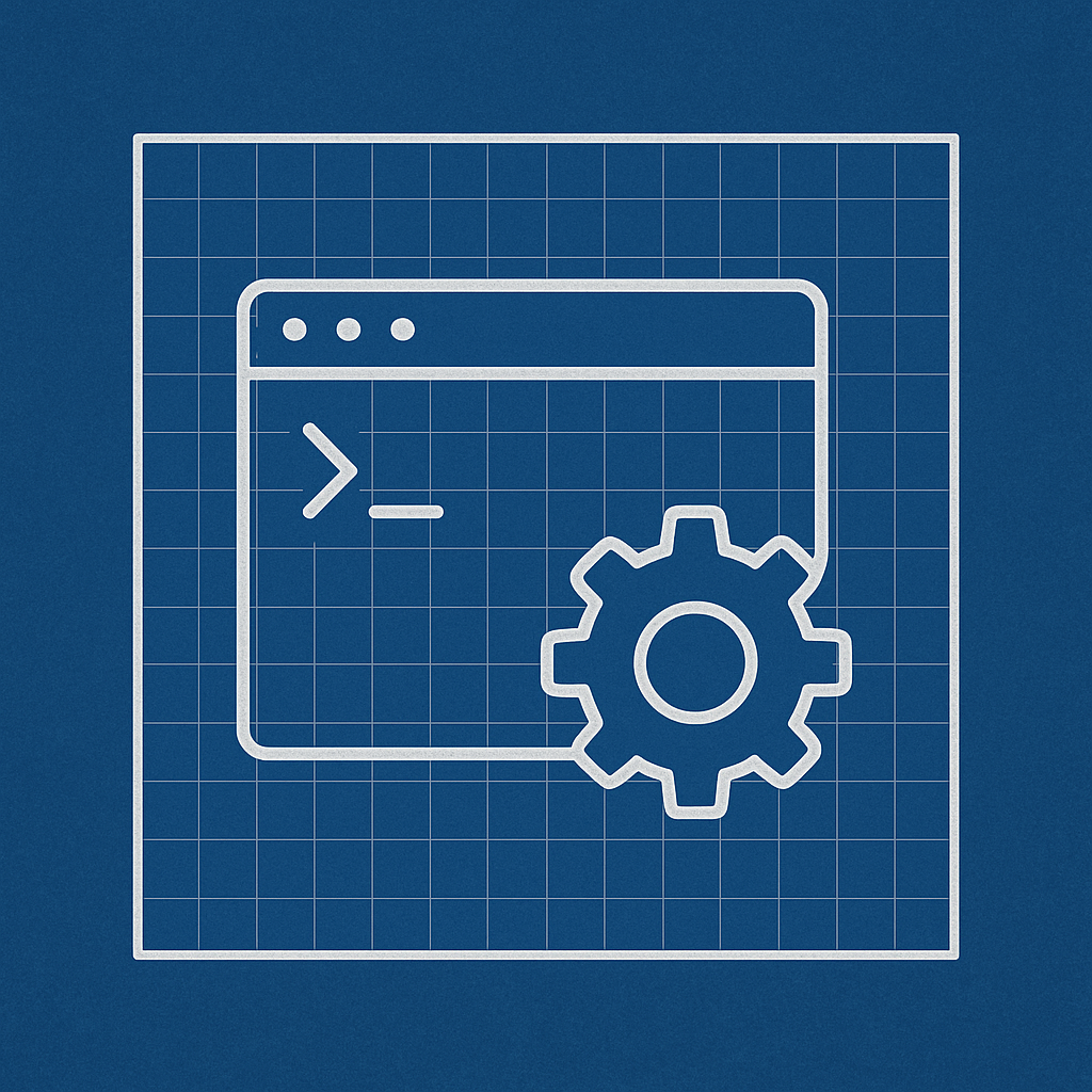 Blueprint-style illustration of a computer window with a gear icon, representing software settings or configuration.