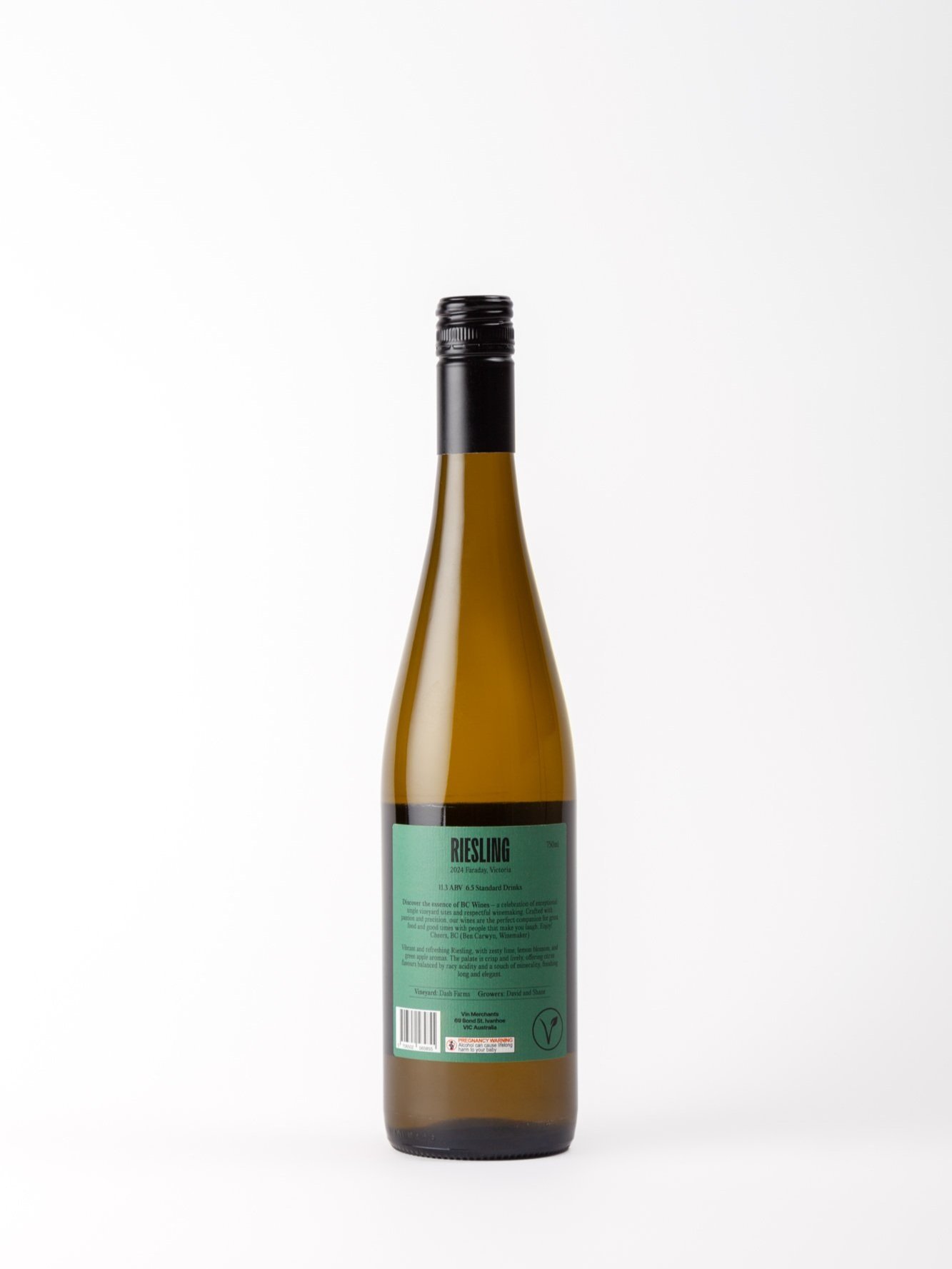 A bottle of BC Wines Riesling 2024 is presented against a plain white background showing the back label