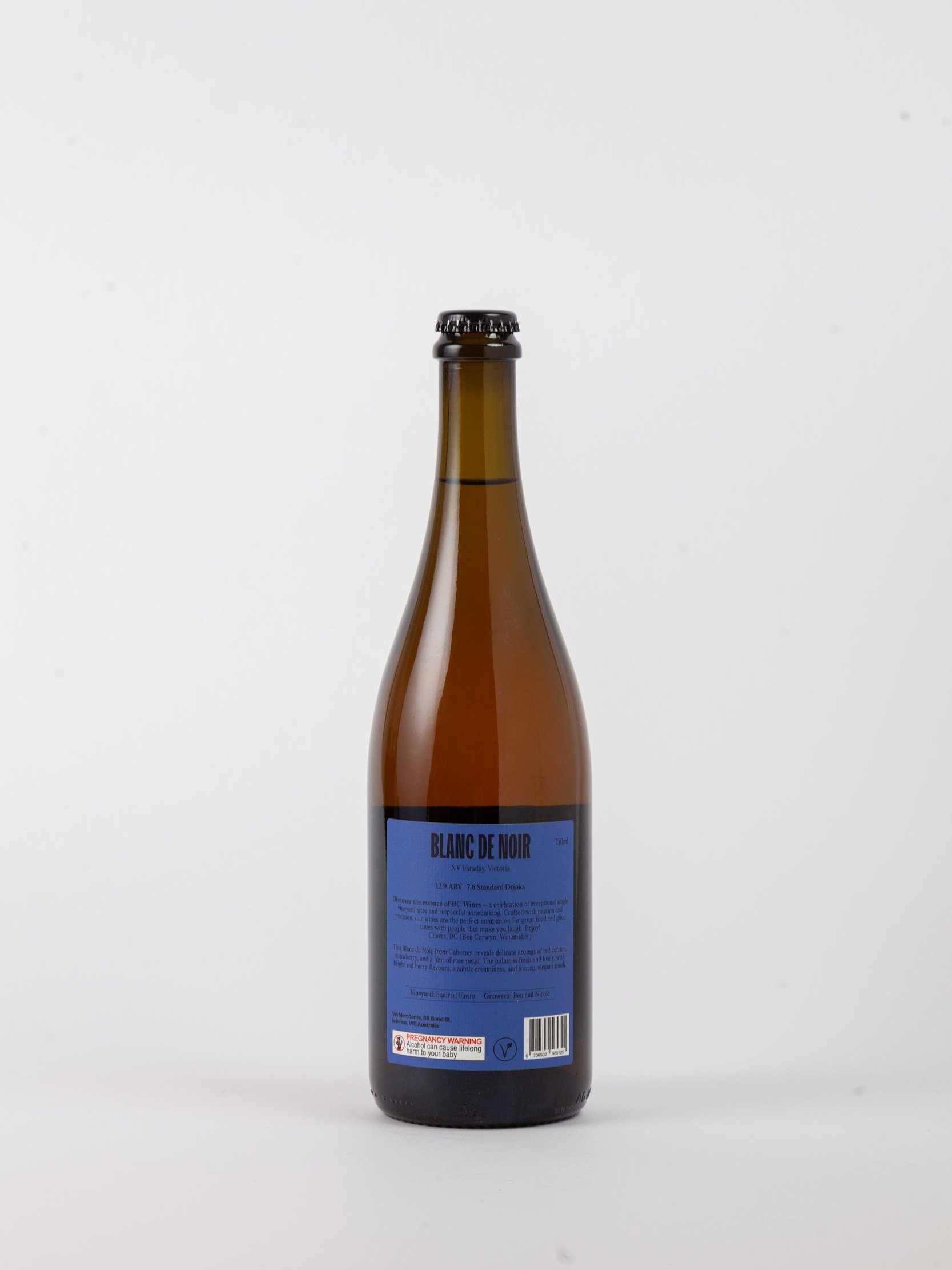 A bottle of BC Wines Sparkling Blanc de Noir 2024 is presented against a plain white background showing the back label