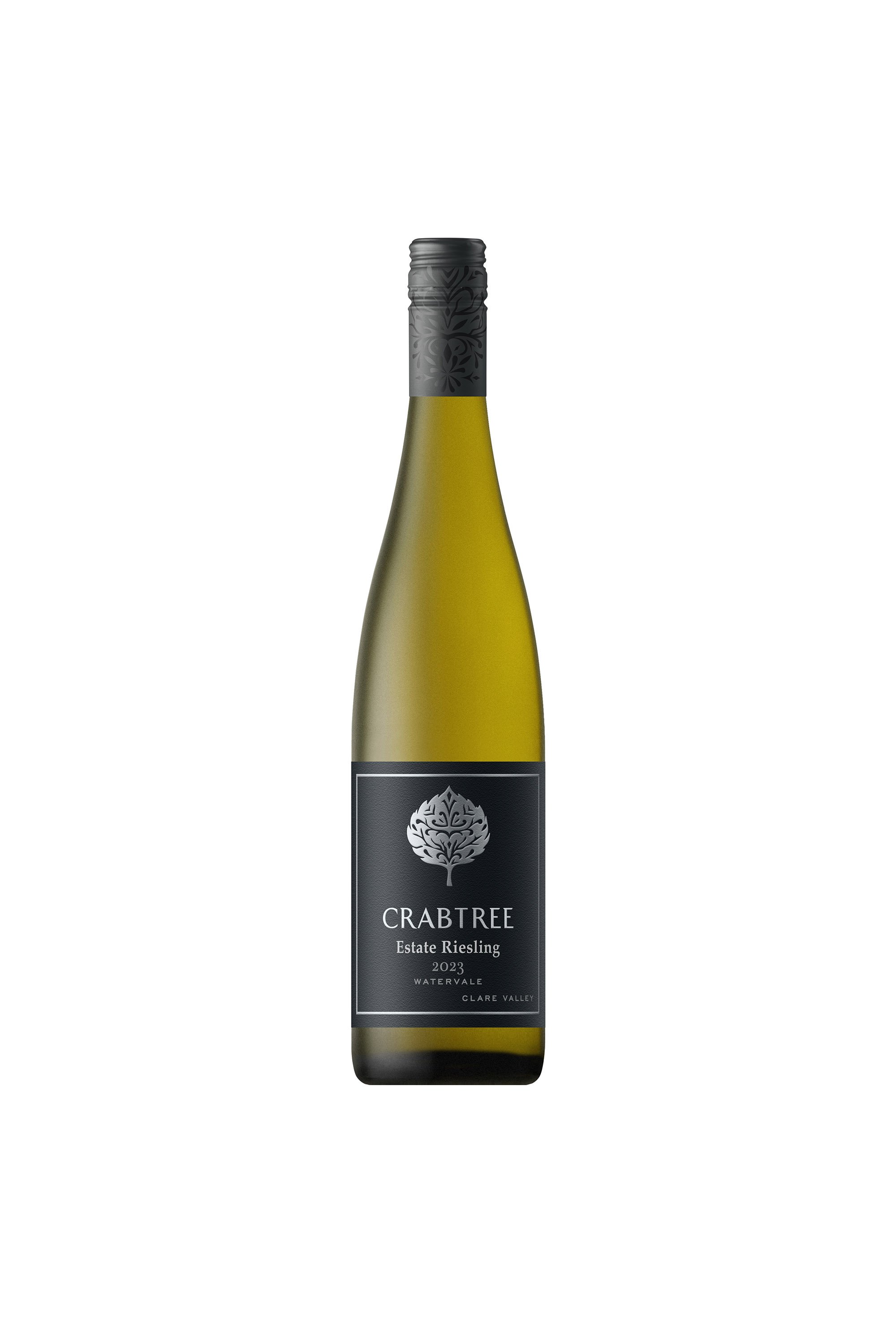 A bottle of Crabtree Wines Estate Riesling 2024, A classic Watervale Riesling, is presented against a plain white background.