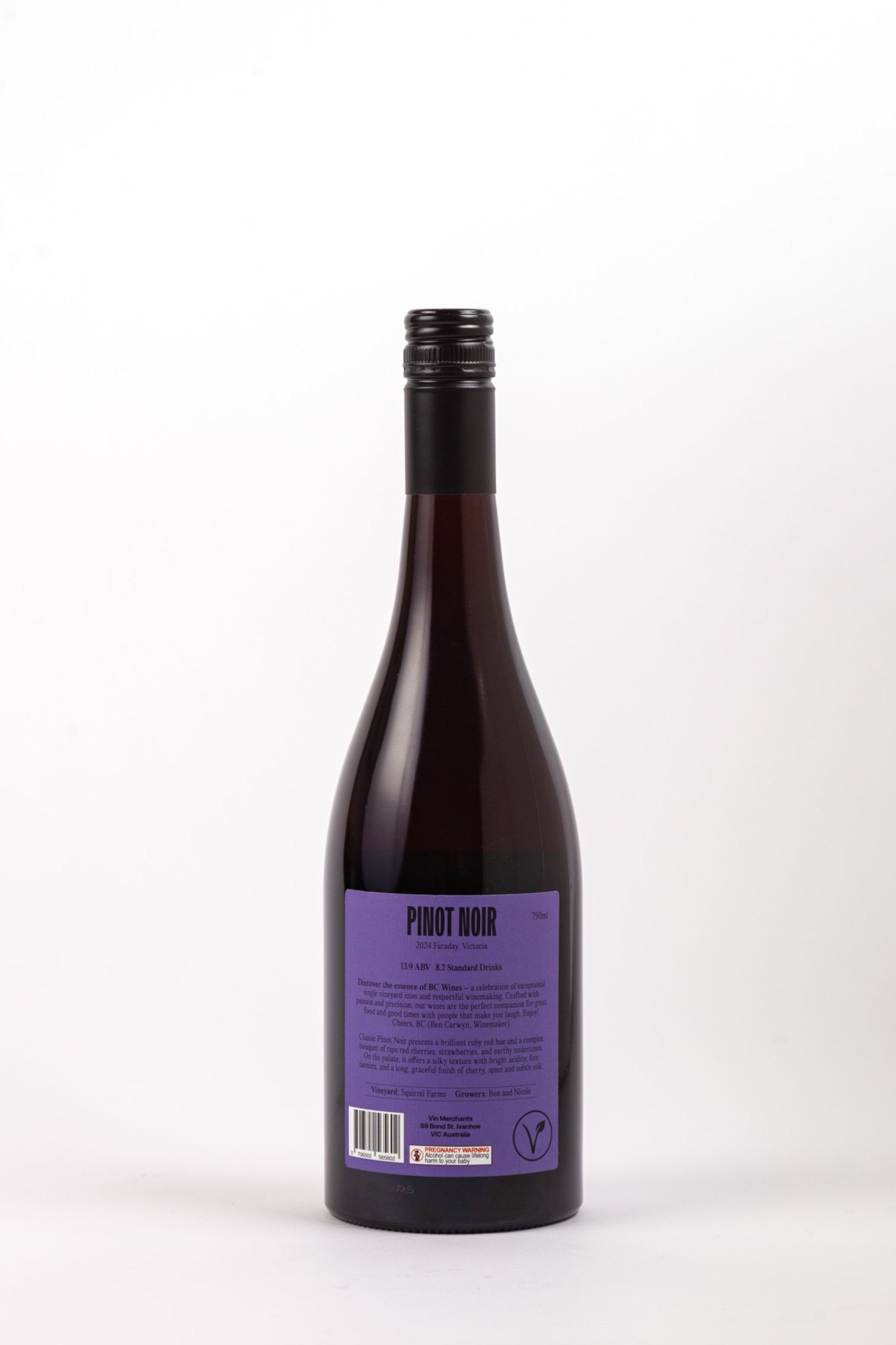 A bottle of BC Wines Pinot Noir 2024 is presented against a plain white background showing the back label
