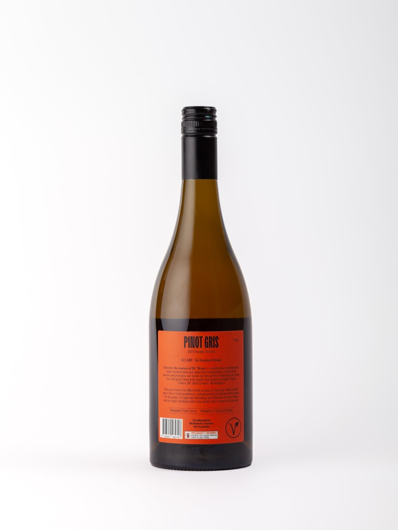 A bottle of BC Wines 2023 Pinot Gris is presented against a plain white background with the back label showing