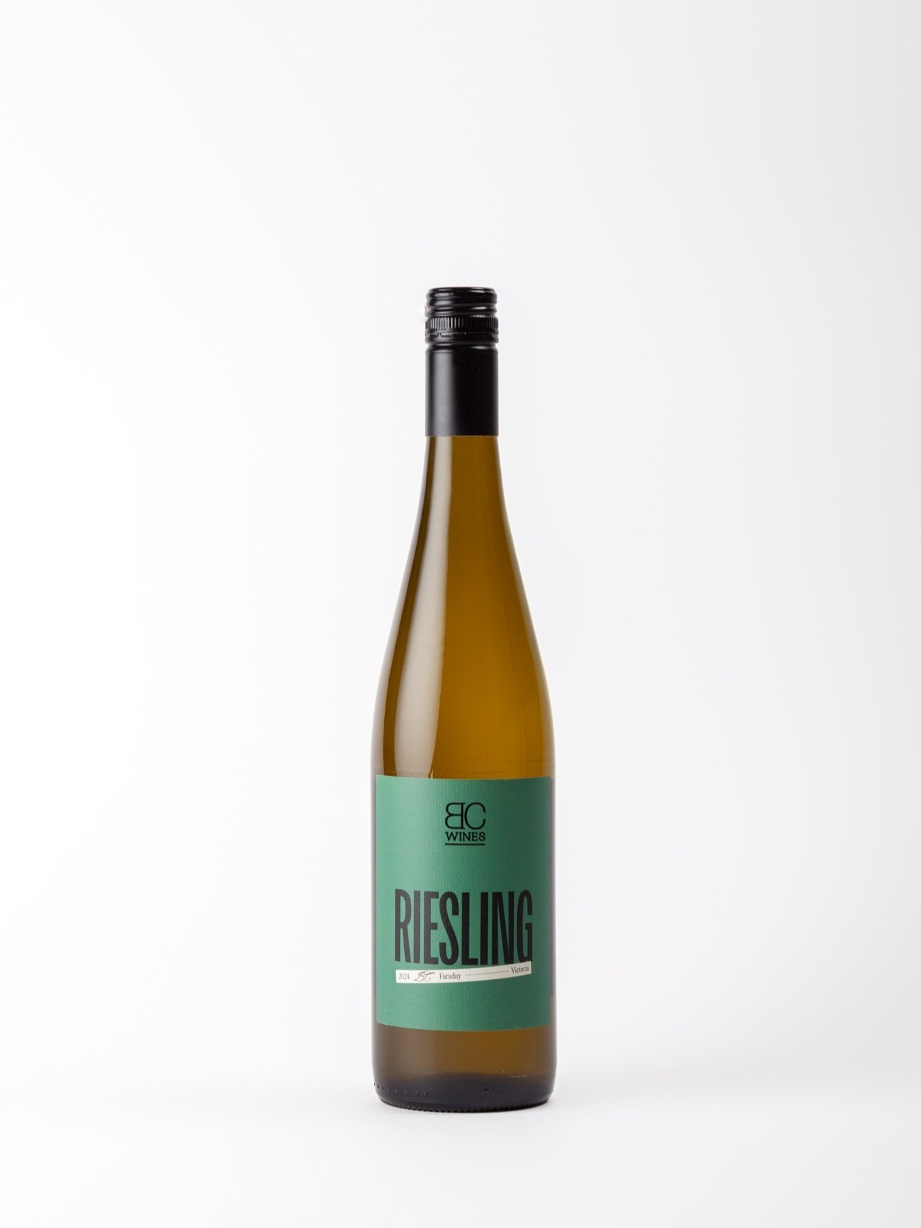 A bottle of BC Wines Riesling 2024 is presented against a plain white background