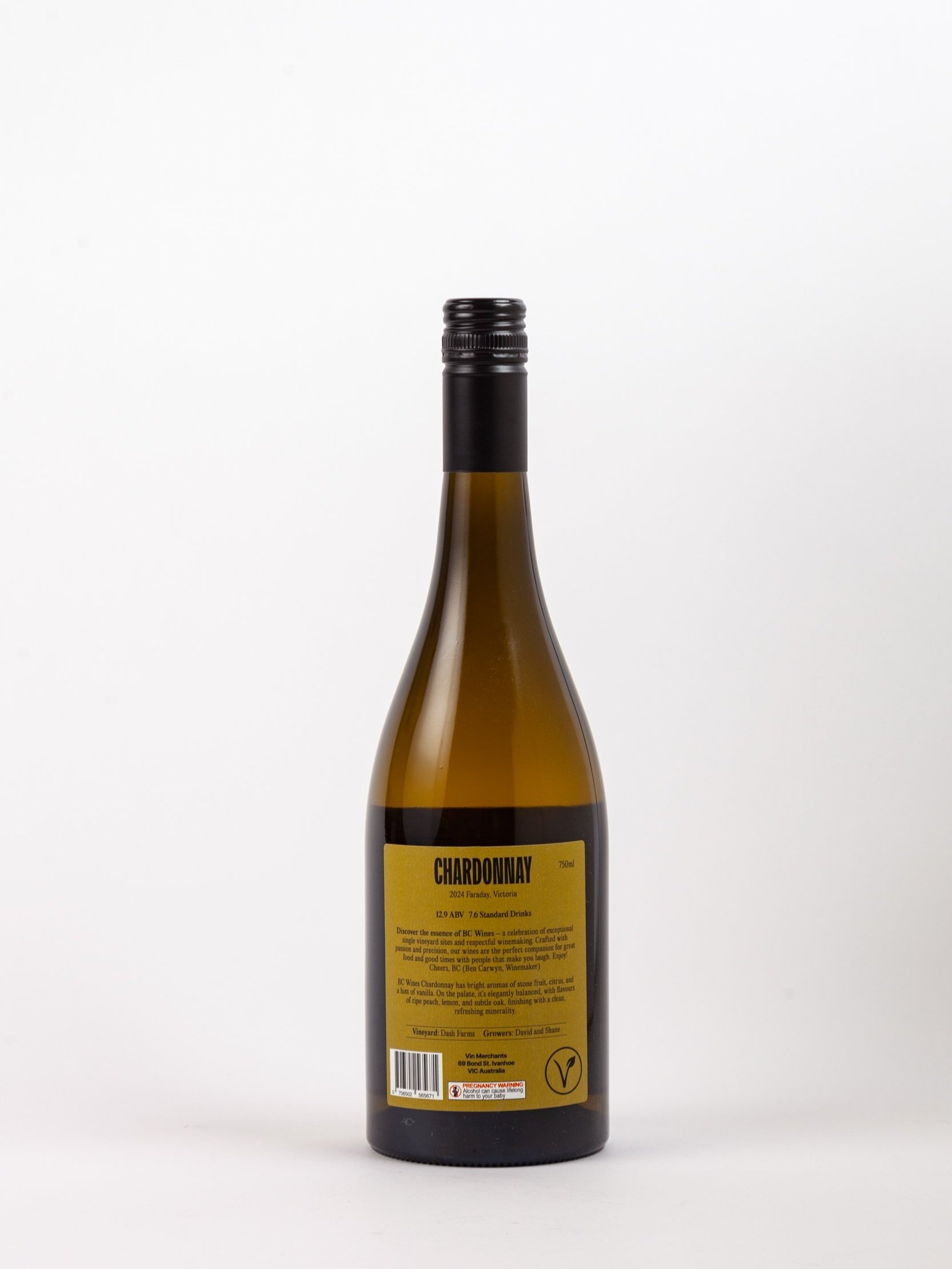 A bottle of BC Wines Chardonnay 2024 is presented against a plain white background and showing the back label