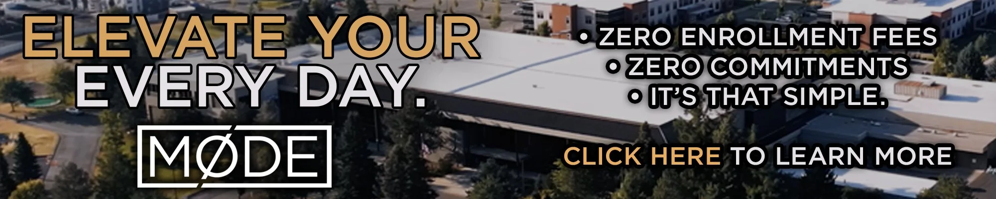 An aerial view of a large building surrounded by trees, with overlay text promoting a program with zero enrollment fees, zero commitments, and simplicity. Liberty Lake.