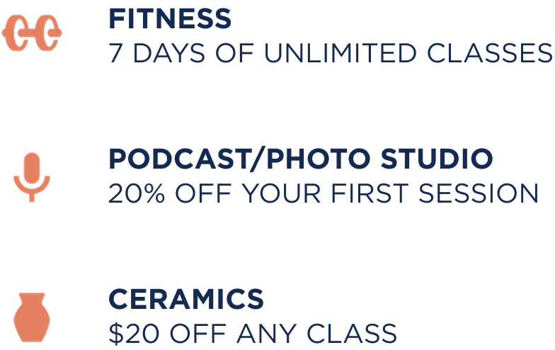 Promotional advertisement offering fitness classes, podcast/photo studio sessions, and ceramics classes with discounts.
