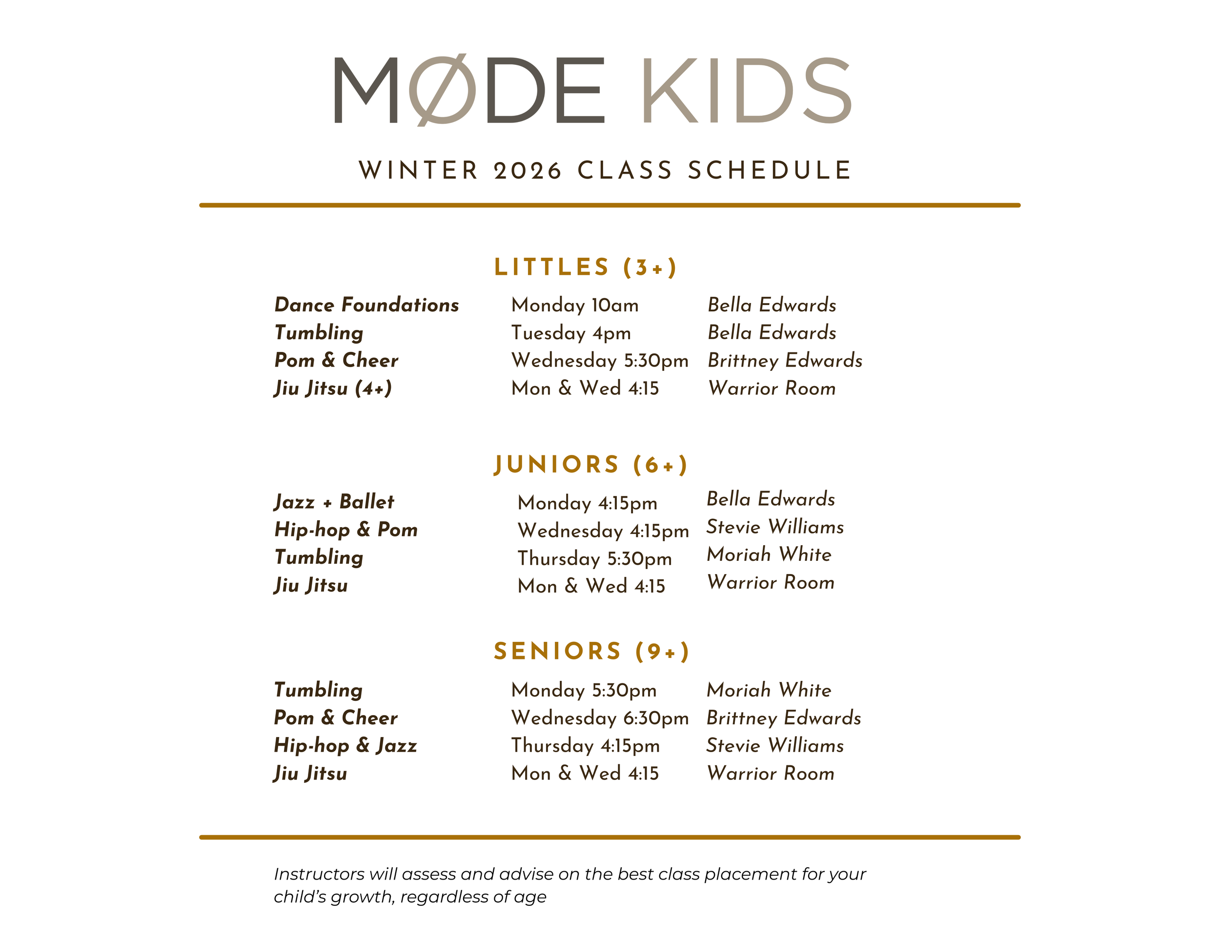 Class schedule for Mode Kids Winter 2026, listing classes for Littles (3+), Juniors (6+), and Seniors (9+), including class names, times, and instructors.