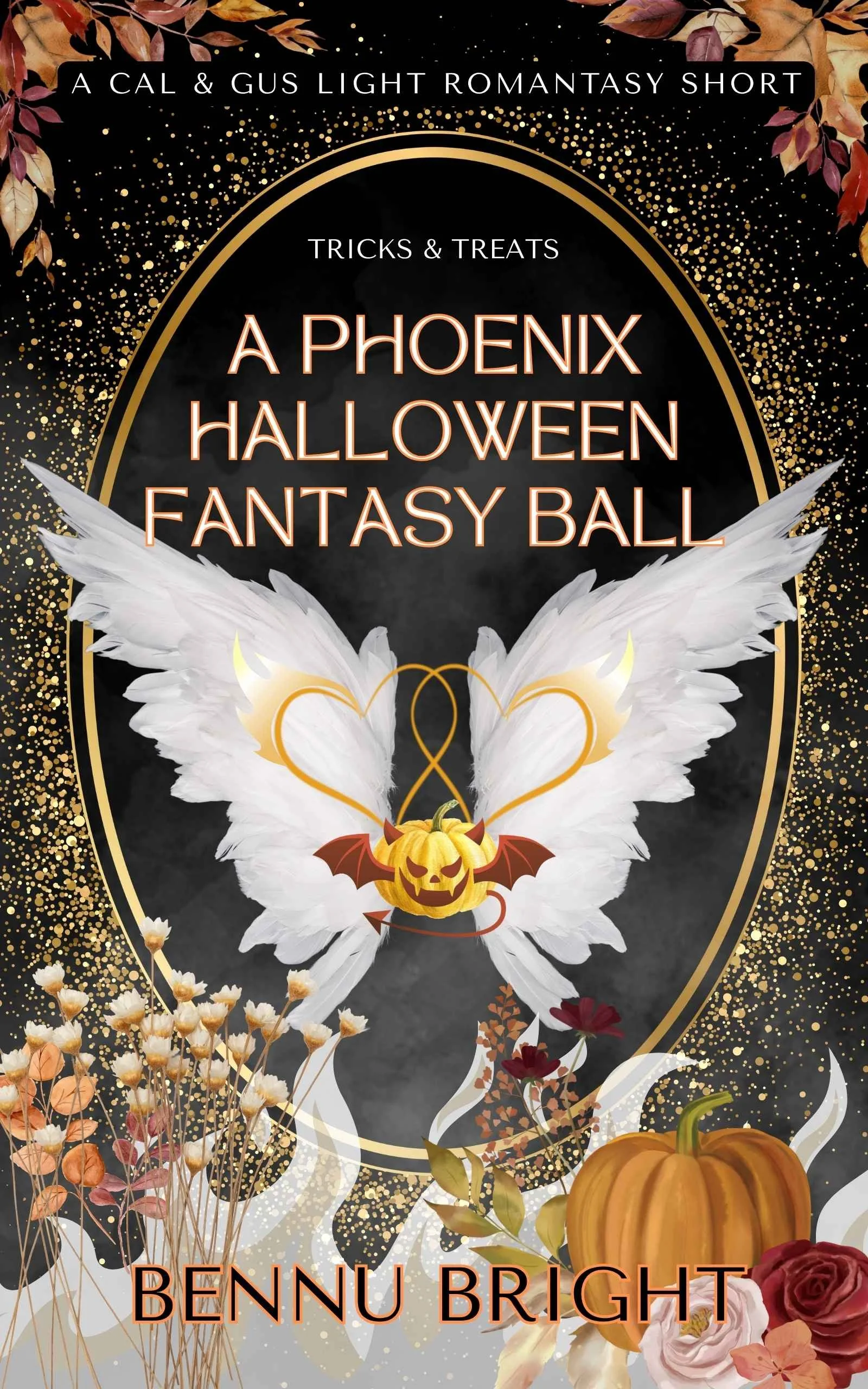 Updated Cover For A Phoenix Halloween Fantasy Ball with fall leaves and flowers. Center showcased with white wings, two outlined hearts, and a jack-o-lantern with devil horns, wings, and tail.