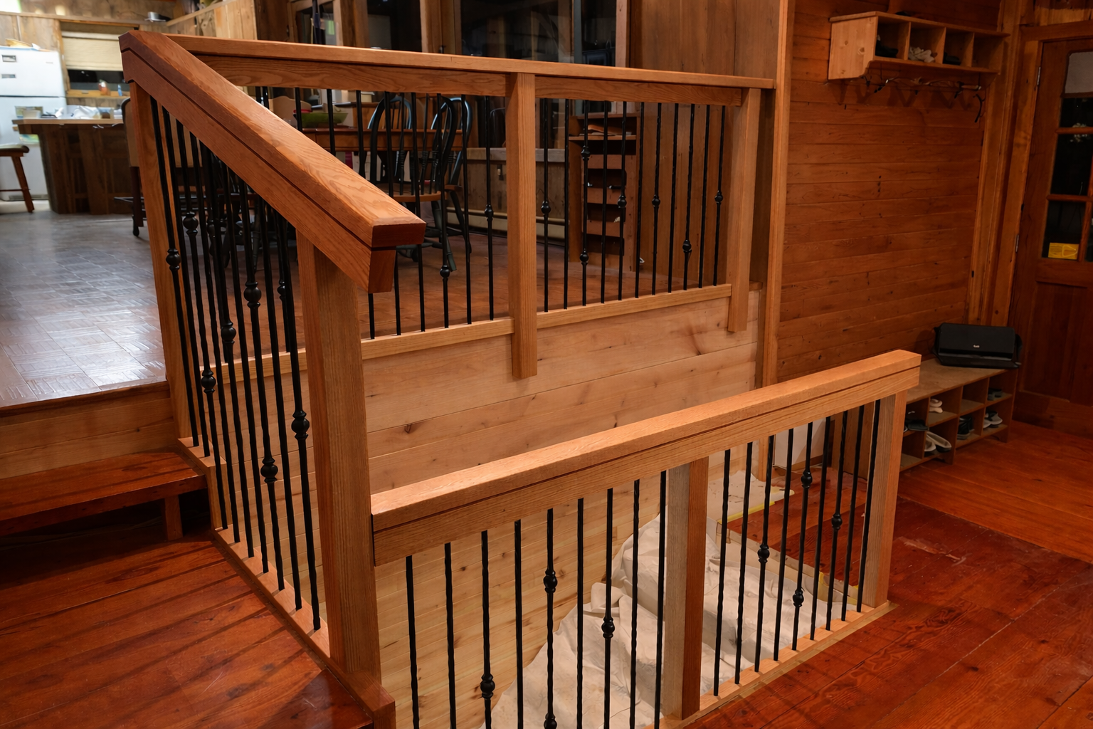 Custom wooden  oak handrail in Log house
