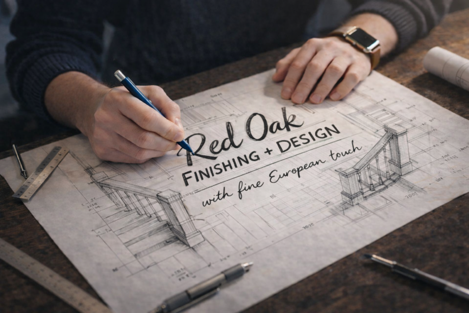 A person drawing a building architectural plan on paper with a ruler and pen.