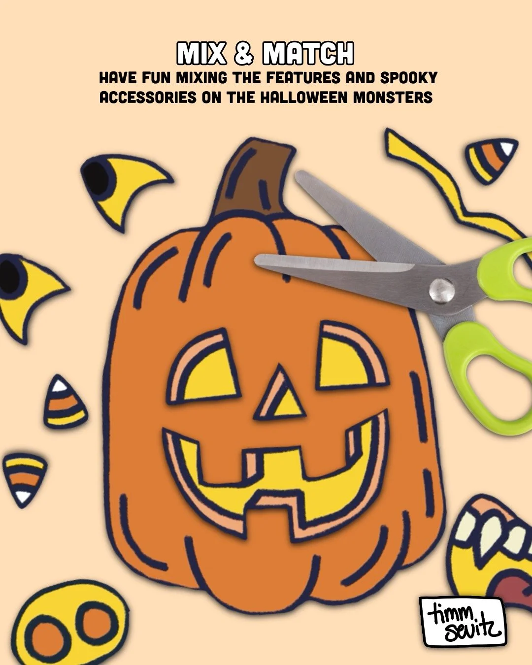 Printable Monster Mash-Up craft activity for kids featuring cut-and-paste Halloween characters like pumpkins, Frankenstein, witches, and vampires with mix-and-match eyes, mouths, and accessories.