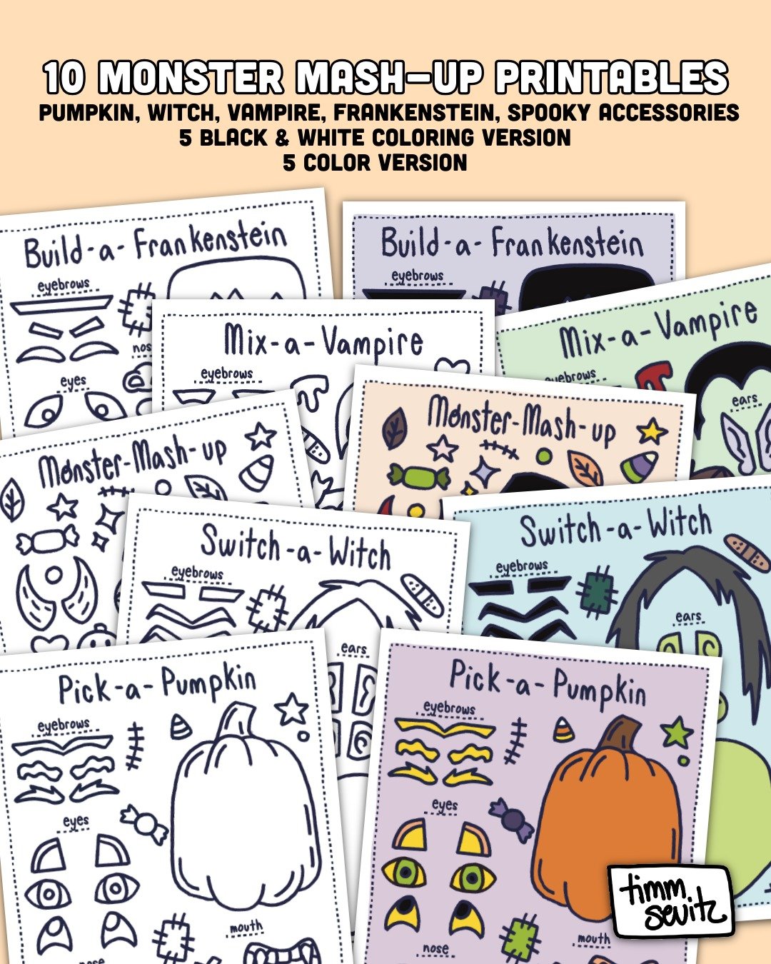Printable Monster Mash-Up craft activity for kids featuring cut-and-paste Halloween characters like pumpkins, Frankenstein, witches, and vampires with mix-and-match eyes, mouths, and accessories.