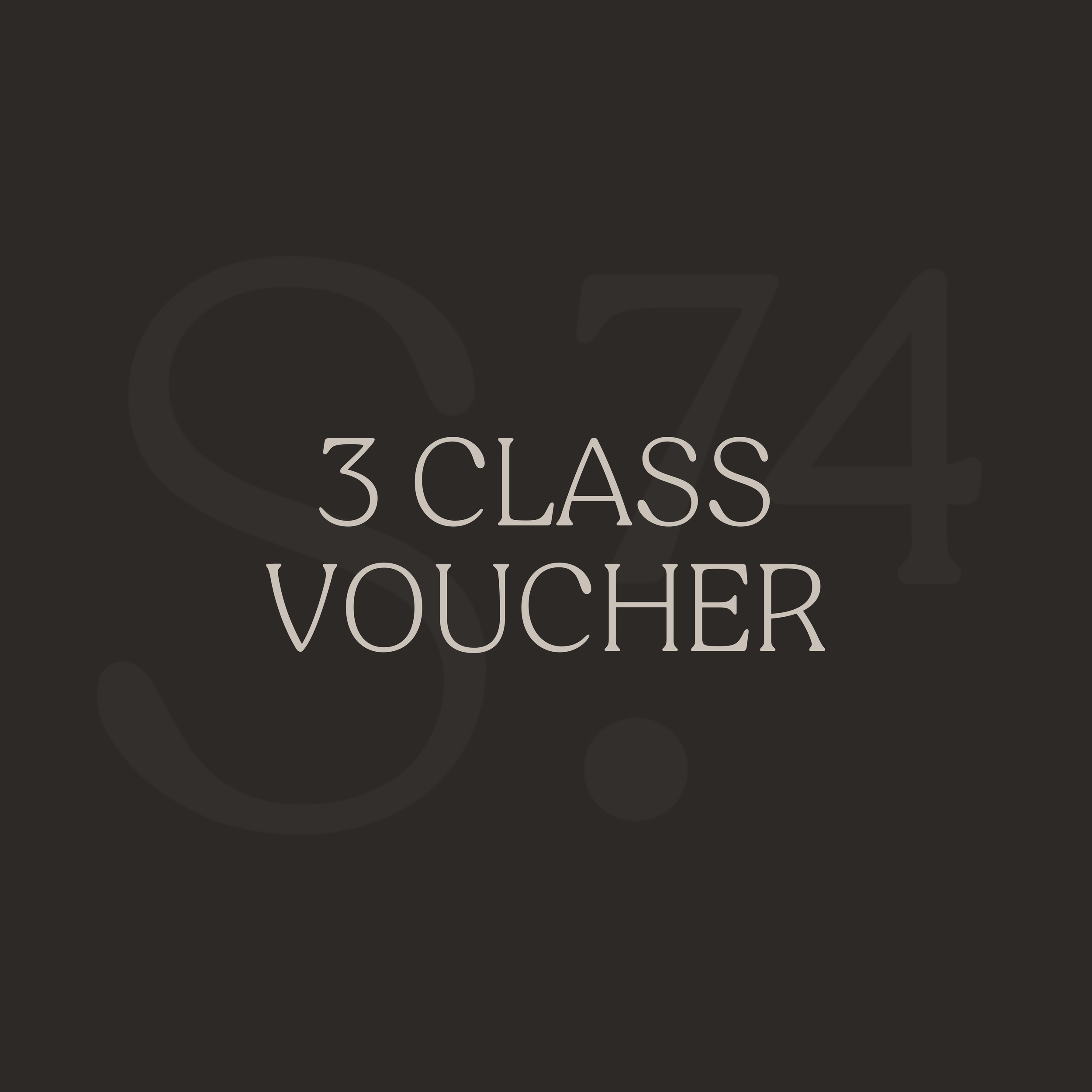 Gift voucher for Studio 74 Pilates, 3 class pack, $110, with the tagline 'Power. Performance. Pilates' on a beige background.
