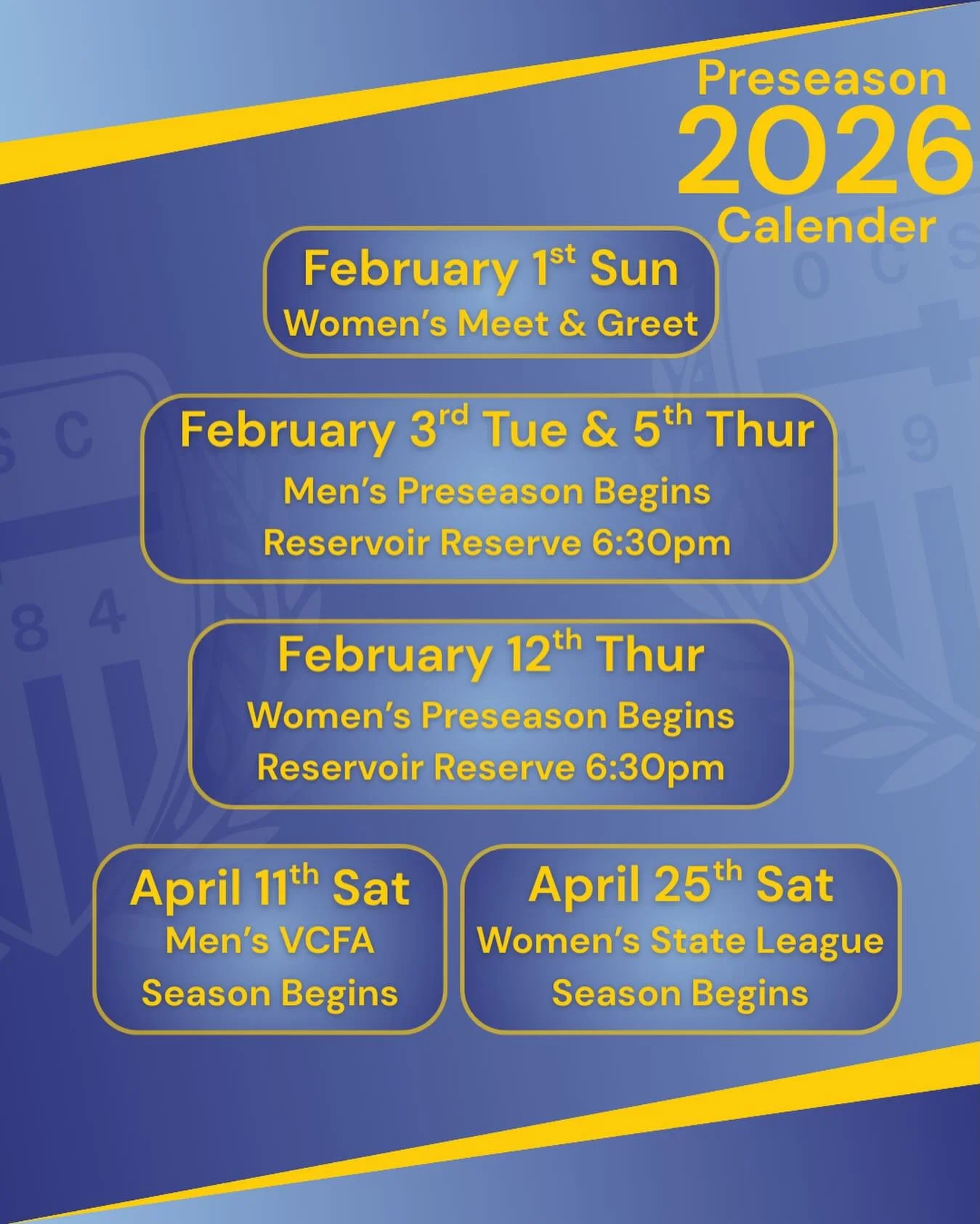 Preseason is locked in and we&rsquo;re counting down to another big year ⚽️

🗓 Key Dates

&bull; Sun Feb 1 &ndash; Women&rsquo;s Meet &amp; Greet
📍 Deepdene Oval, Deepdene | ⏰ 6:00pm

&bull; Tue Feb 3 &amp; Thu Feb 5 &ndash; Men&rsquo;s Preseason b