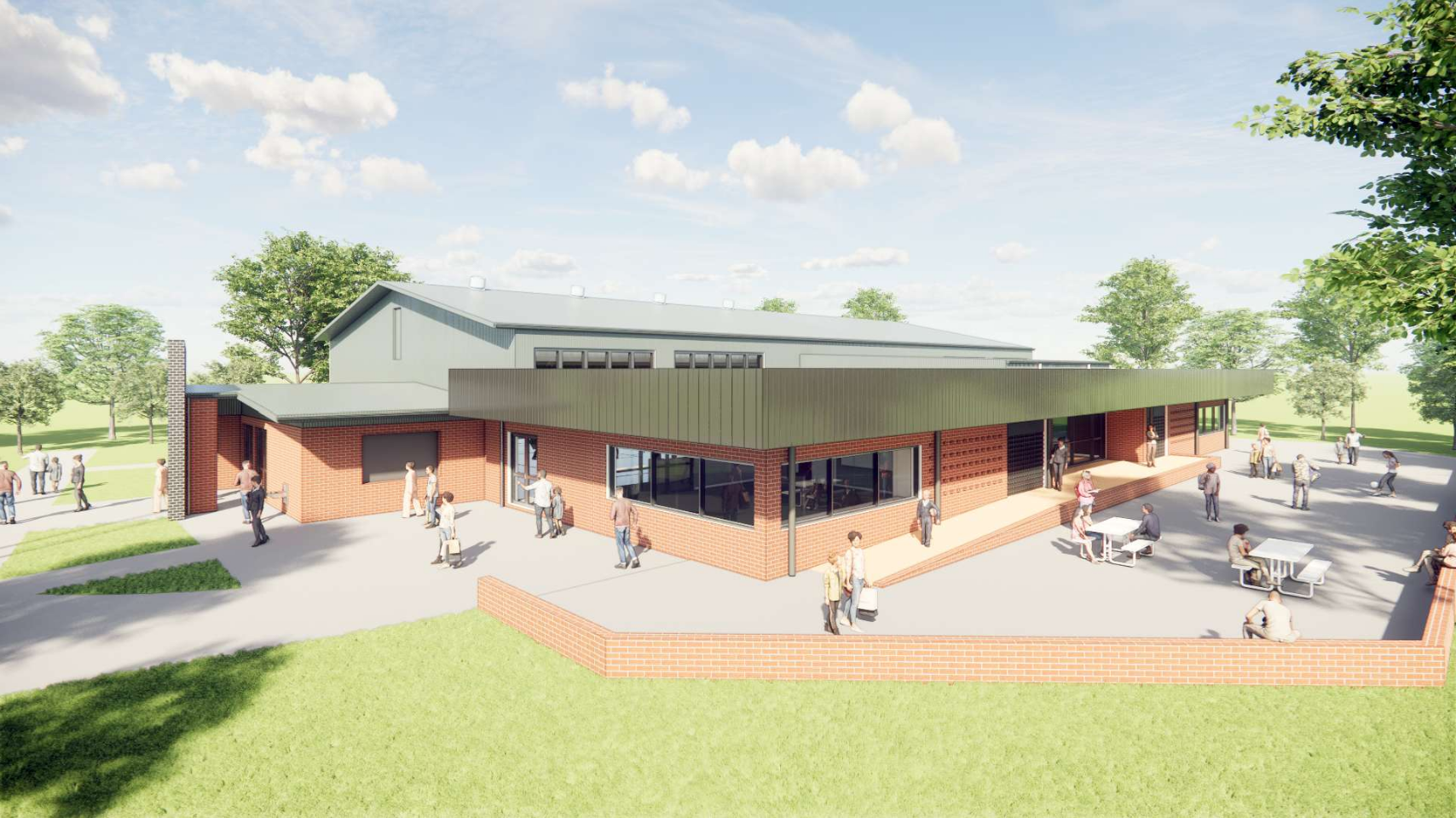 Architectural rendering of a modern clubhouse with outdoor seating, surrounded by green trees and lawn.