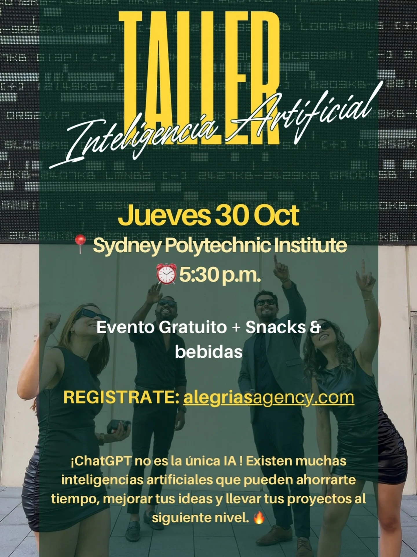 Este jueves 30 de octubre a las 5:30 p.m. tendremos a un taller gratuito de Inteligencia Artificial en Sydney Polytechnic Institute (SPI) 🤖✨

&iexcl;ChatGPT no es la &uacute;nica IA! Existen muchas inteligencias artificiales que pueden ahorrarte tie