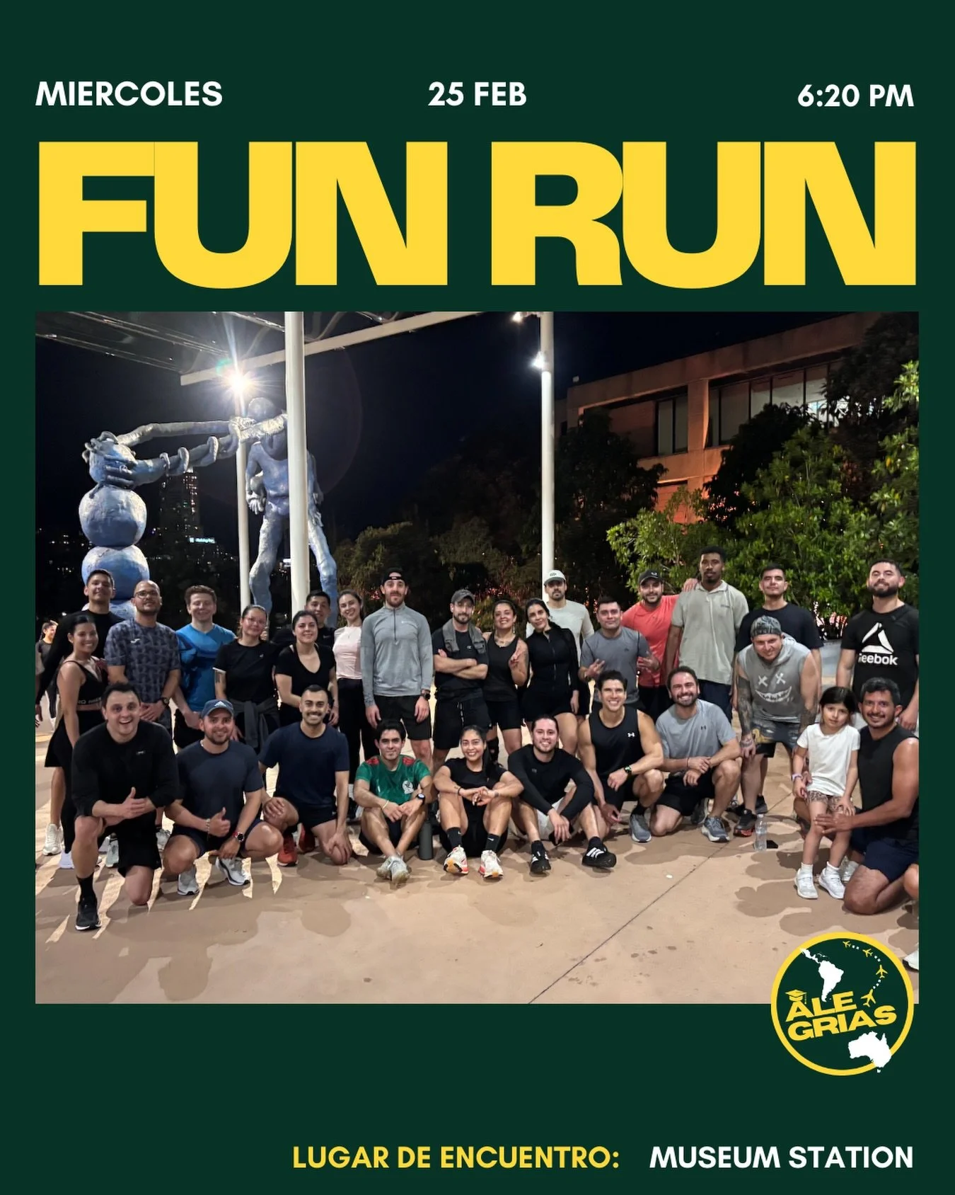MI&Eacute;RCOLES = FUN RUN 💛🏃🏽&zwj;♂️💚

Hoy 25 de febrero a las 6:20 PM nos vemos en Museum Station para correr, conectar y recargar energ&iacute;a ✨

No es solo running.
Es comunidad.
Es disciplina.
Es amistad.

Da igual si corres r&aacute;pido 