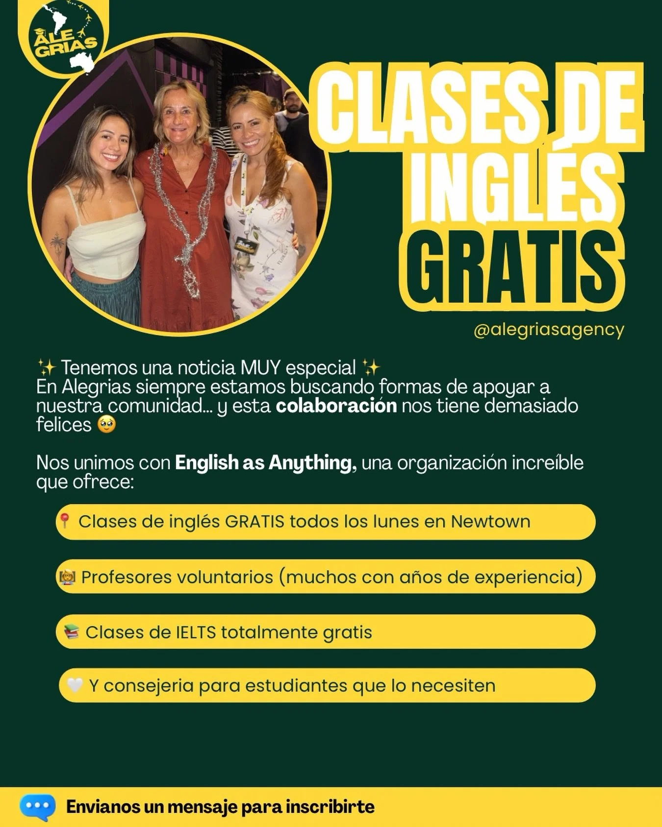 ✨ CLASES DE INGLES COMPLETAMENTE GRATIS l ✨

En Alegrias siempre estamos buscando formas de apoyar a nuestra comunidad&hellip;
y esta colaboraci&oacute;n nos tiene demasiado felices 🥹💛

Nos unimos con English as Anything, @english.as.anything una o