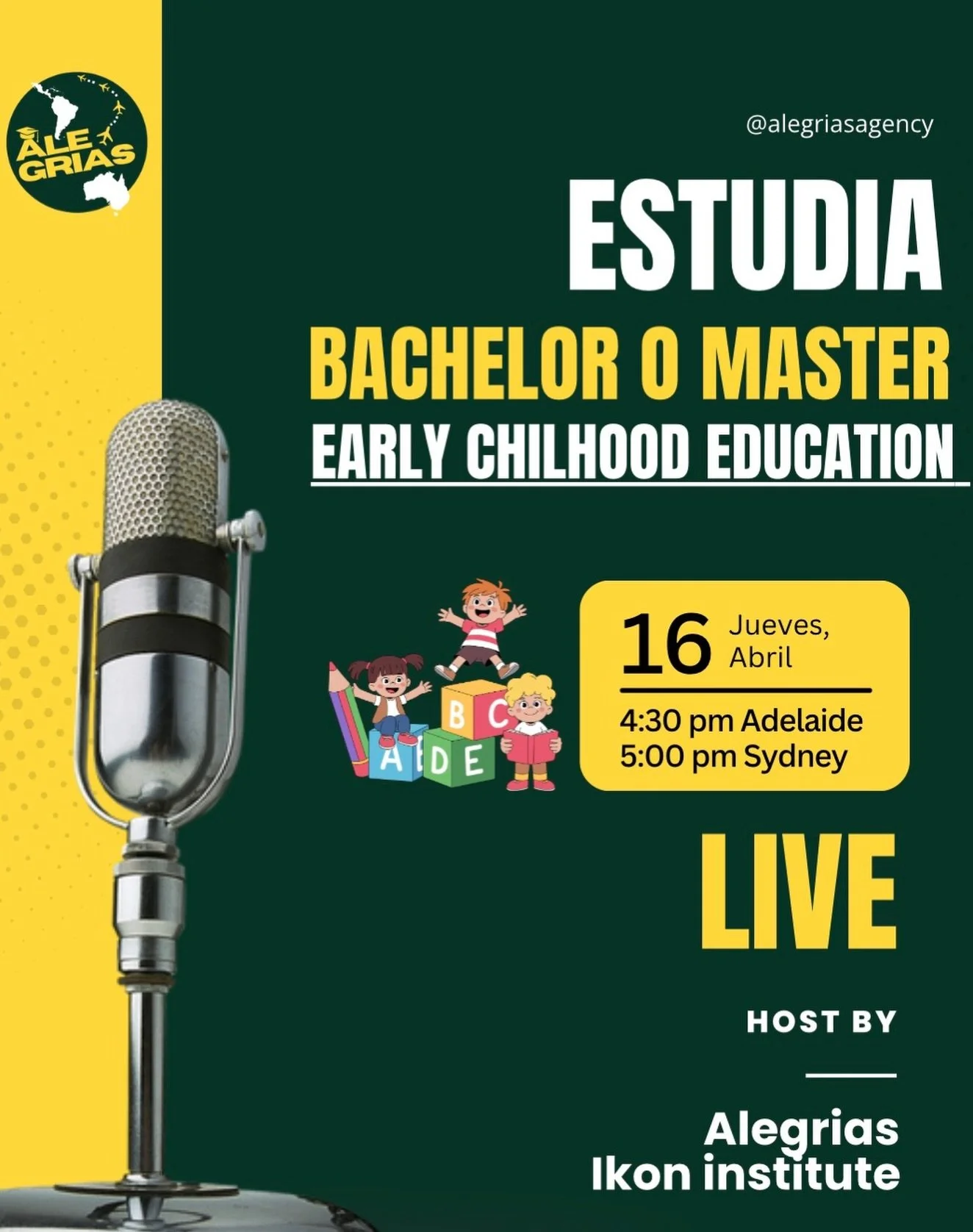 🚨 ES HOY 🚨
S&iacute;, en un rato 😂

Si est&aacute;s pensando en estudiar 👇
✨ Bachelor o Master en Early Childhood Education
en Australia&hellip; este LIVE es para ti.

Vamos a contarte TODO:
🎓 Opciones reales de estudio
💰 Costos
📈 Salidas labo