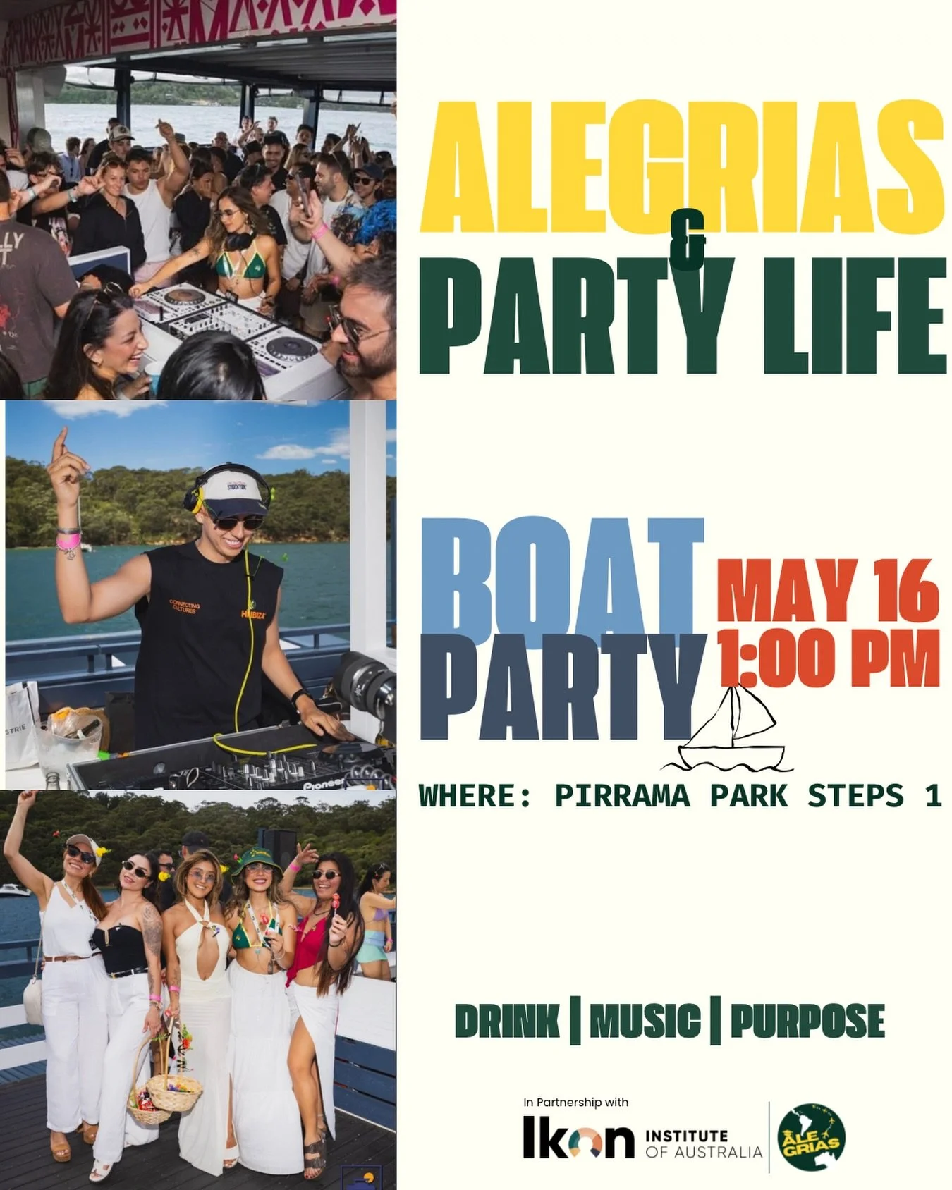✨ Una fiesta con prop&oacute;sito 💛🛥️

Este s&aacute;bado 16 de mayo nos vemos en Sydney para nuestra Fiesta en Bote junto a Party Life @electronic_party_tour 💚 Con nuestro sponsor @ikoninstitute 

🕐 1:00 PM &mdash; 5:00 PM📍 Le Bleu Sydney

Todo